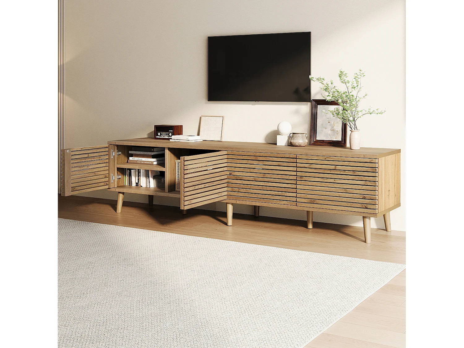TV-Möbel 180x40x46 cm - 4 Türen - offenes Design - geeignet für TVs bis 75 Zoll - MDF - Natur