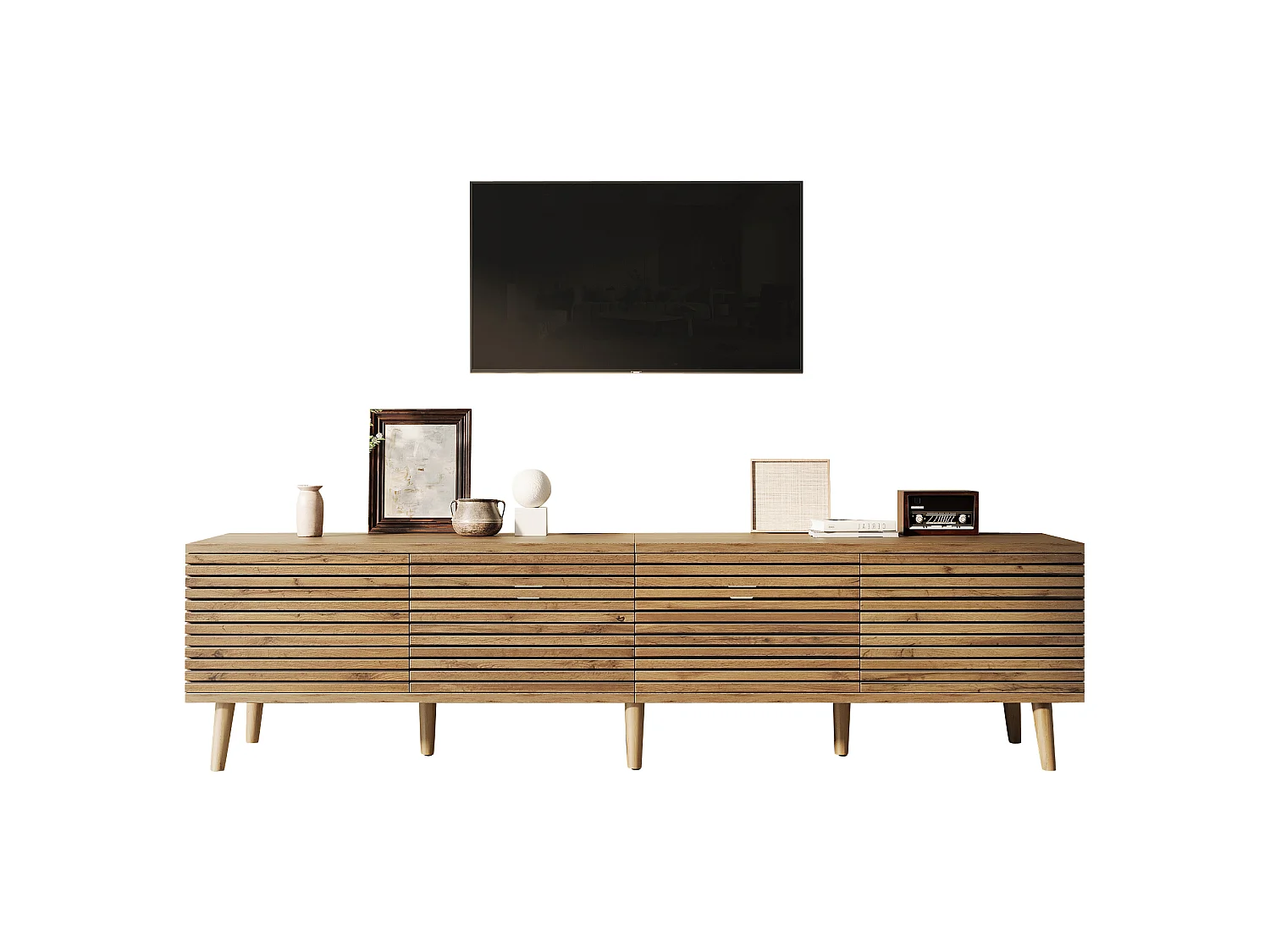 TV-Möbel 180x40x46 cm - 4 Türen - offenes Design - geeignet für TVs bis 75 Zoll - MDF - Natur