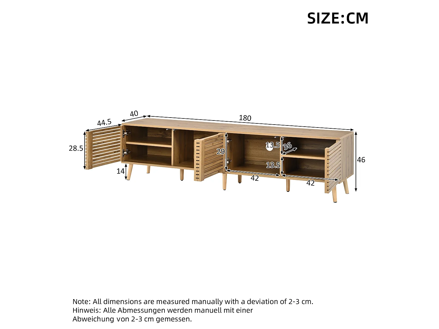 TV-Möbel 180x40x46 cm - 4 Türen - offenes Design - geeignet für TVs bis 75 Zoll - MDF - Natur