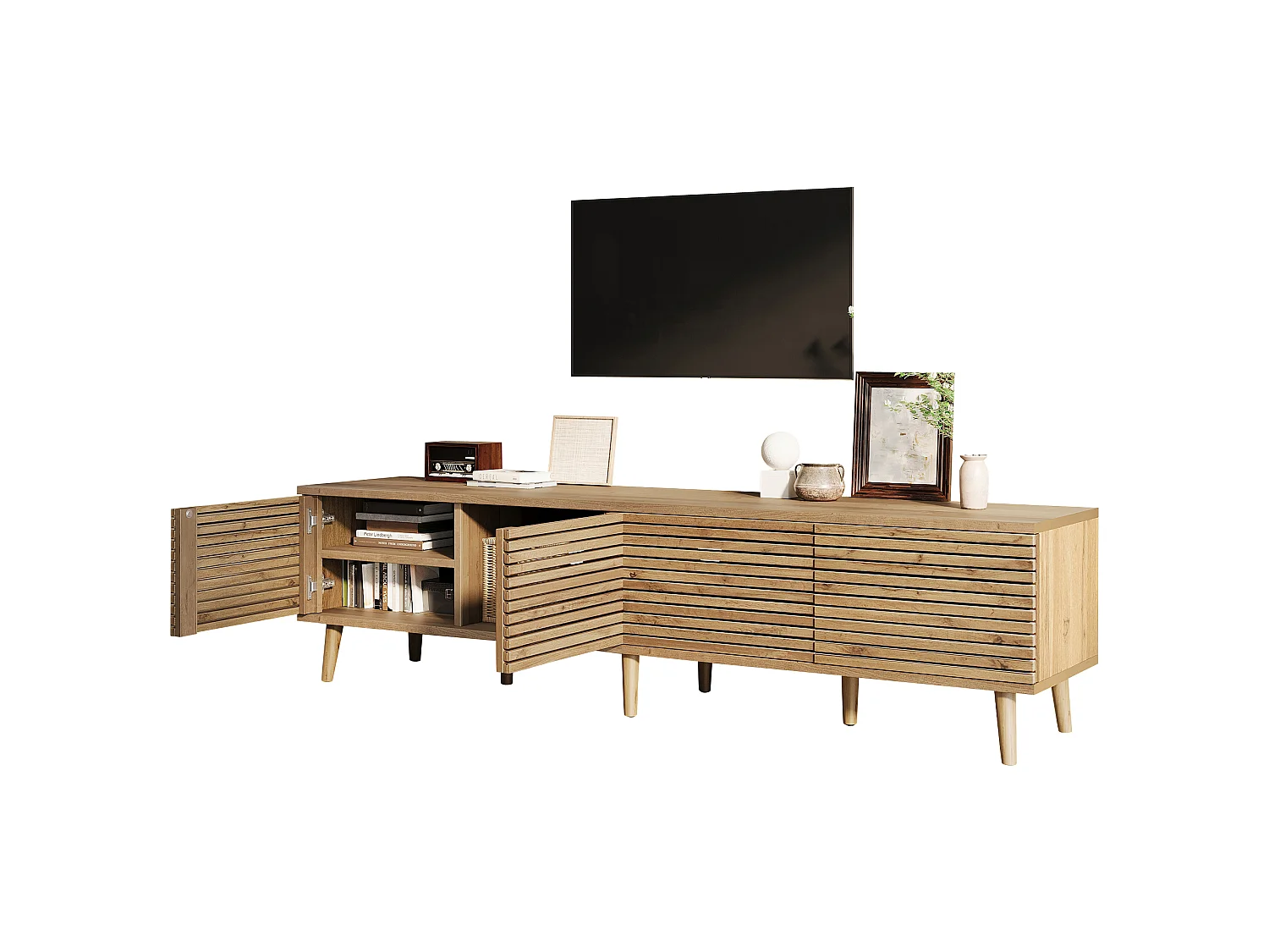 TV-Möbel 180x40x46 cm - 4 Türen - offenes Design - geeignet für TVs bis 75 Zoll - MDF - Natur