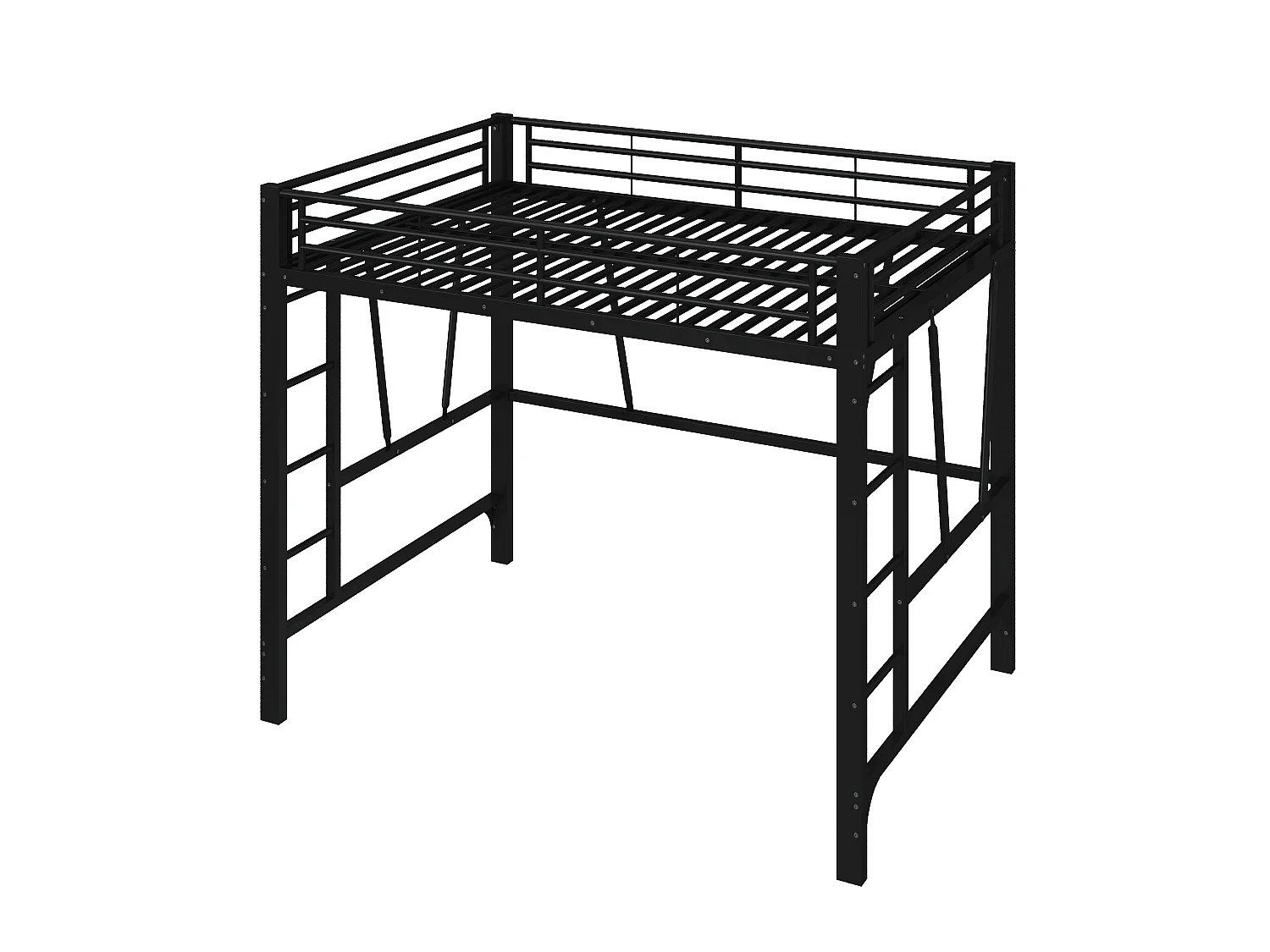 Lit mezzanine 140 x 200 cm en métal avec double échelle et espace ouvert sous le lit – Structure métallique – Noir (Sans matelas)