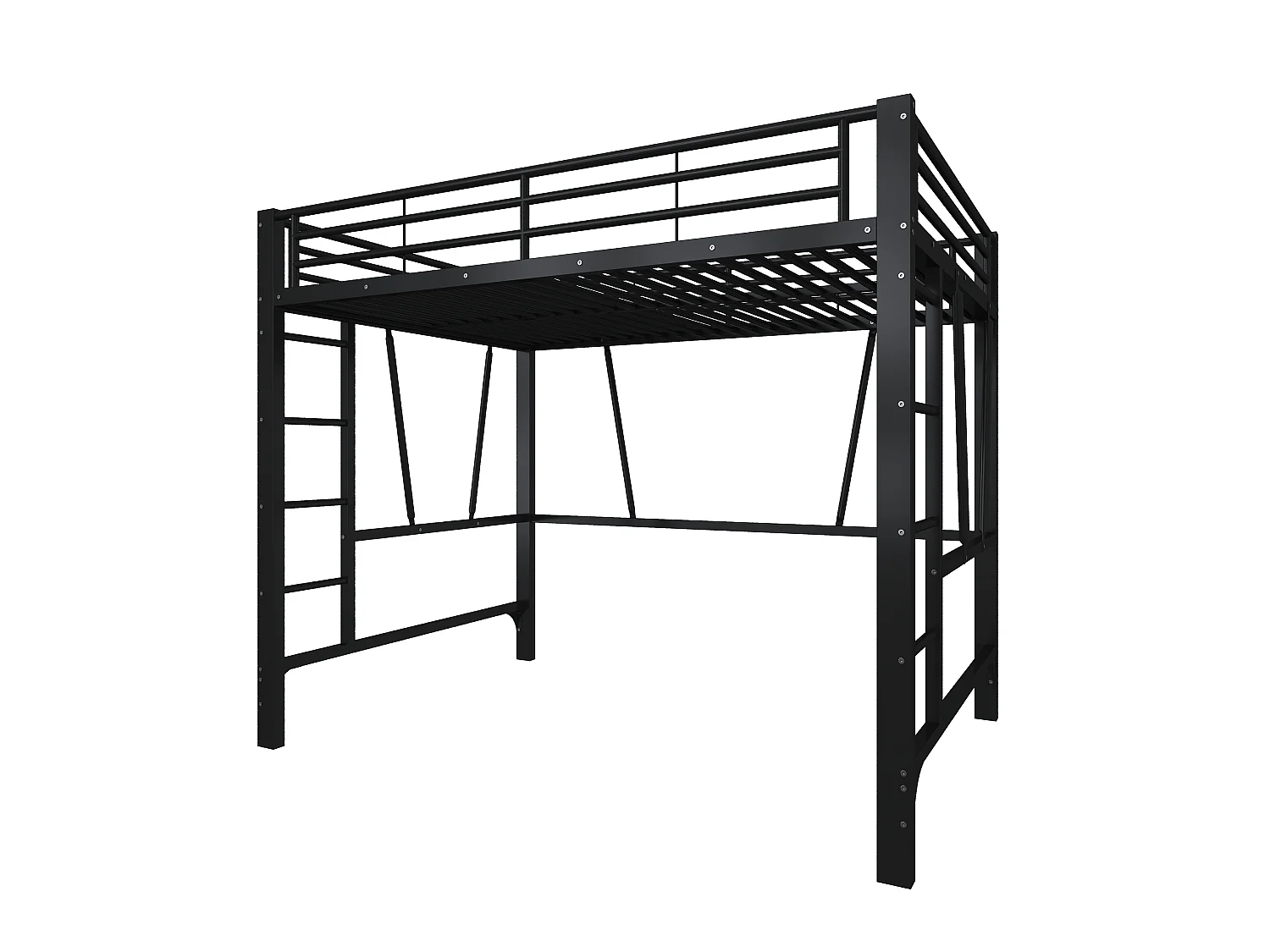 Lit mezzanine 140 x 200 cm en métal avec double échelle et espace ouvert sous le lit – Structure métallique – Noir (Sans matelas)