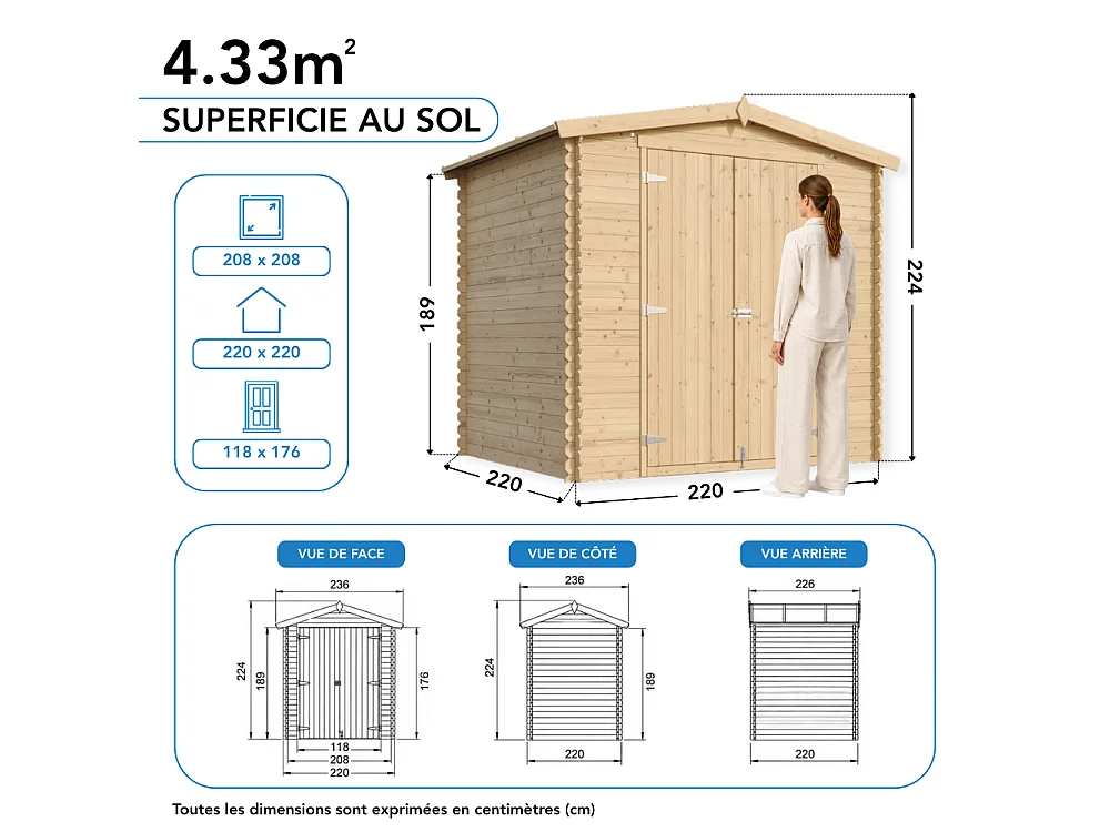 Houten Tuinhuis met Geïmpregneerde Houten Vloer -  4.33 m² / 226x236xH224 cm - M369C1+M369G
