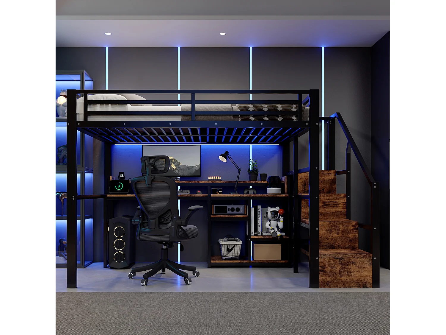 Lit mezzanine 140 x 200 cm  - Avec compartiments de rangement - Avec ports USB + Type-C - Avec bande lumineuse LED - Noir (matelas non inclus)