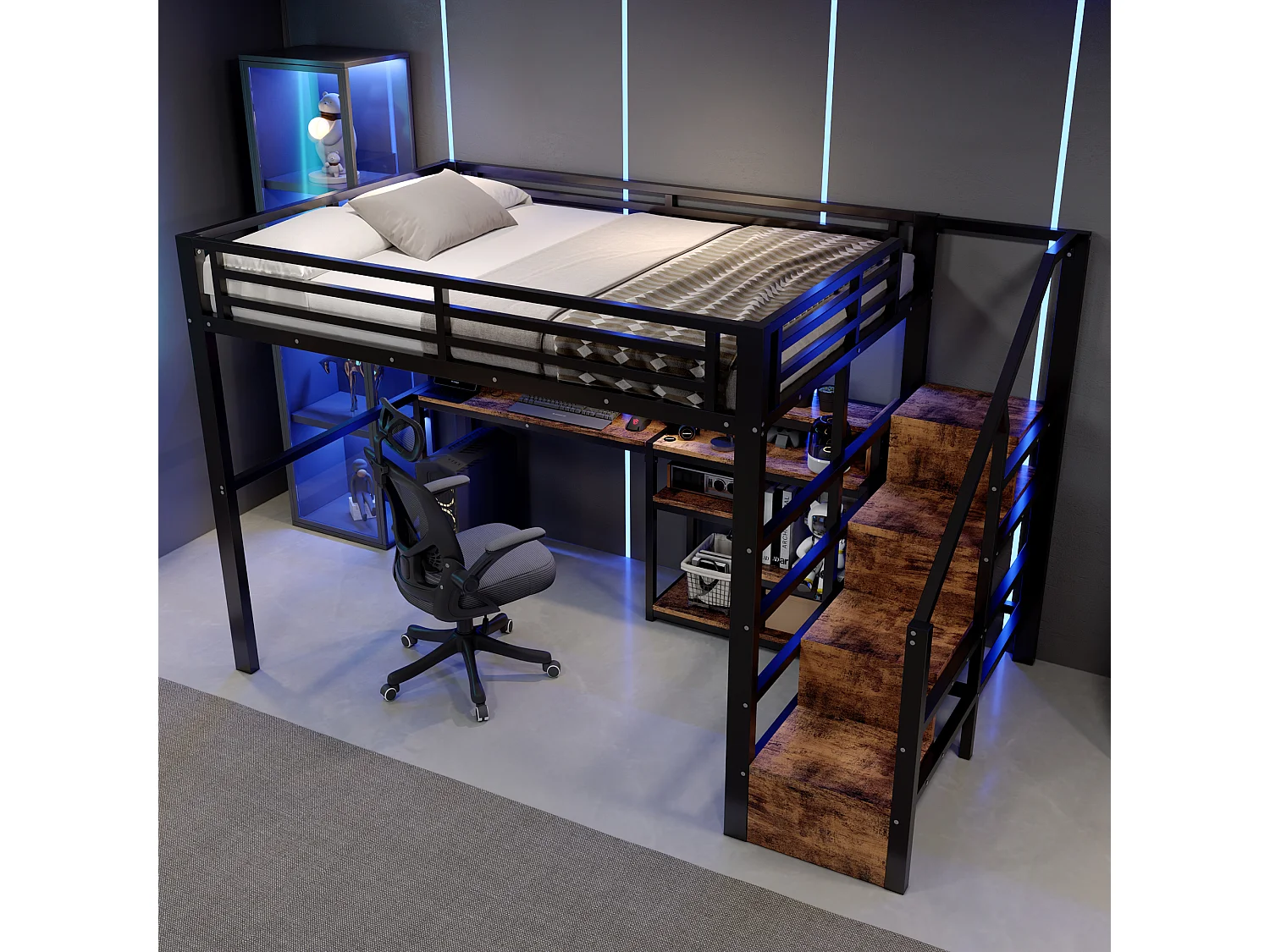 Lit mezzanine 140 x 200 cm  - Avec compartiments de rangement - Avec ports USB + Type-C - Avec bande lumineuse LED - Noir (matelas non inclus)