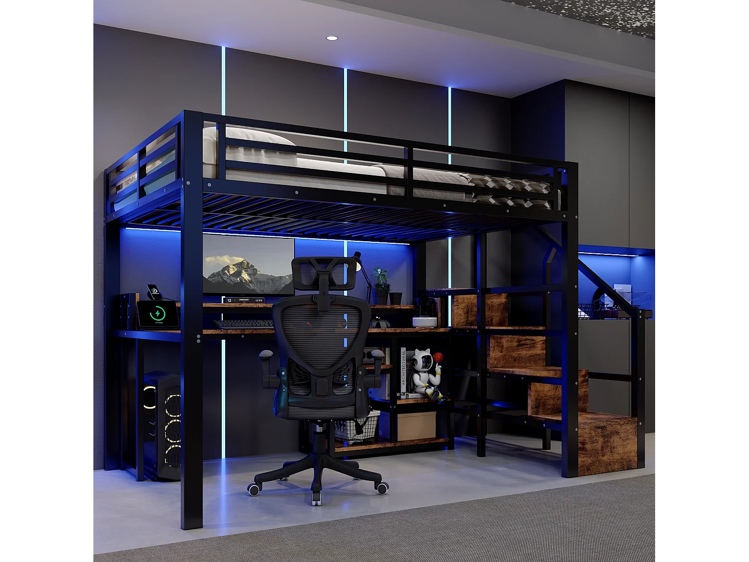 Lit mezzanine 140 x 200 cm  - Avec compartiments de rangement - Avec ports USB + Type-C - Avec bande lumineuse LED - Noir (matelas non inclus)