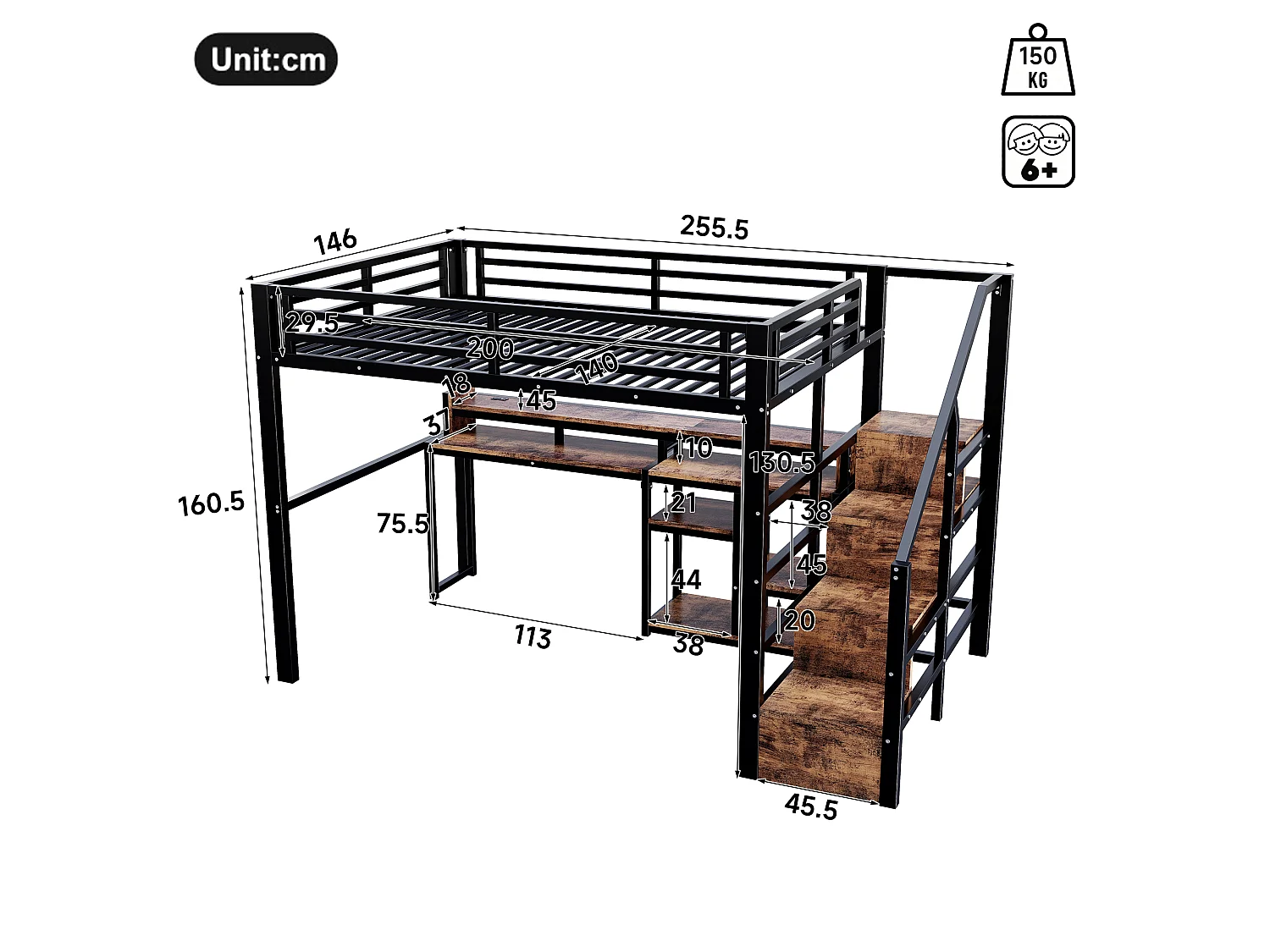 Lit mezzanine 140 x 200 cm  - Avec compartiments de rangement - Avec ports USB + Type-C - Avec bande lumineuse LED - Noir (matelas non inclus)