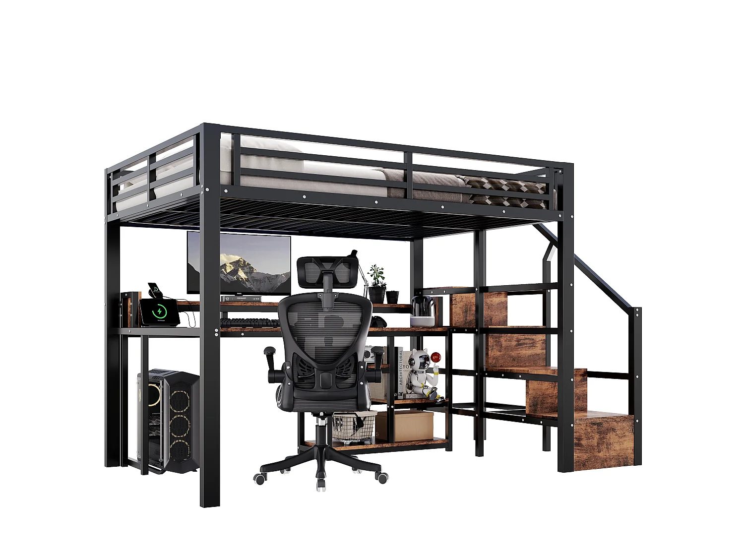 Lit mezzanine 140 x 200 cm  - Avec compartiments de rangement - Avec ports USB + Type-C - Avec bande lumineuse LED - Noir (matelas non inclus)