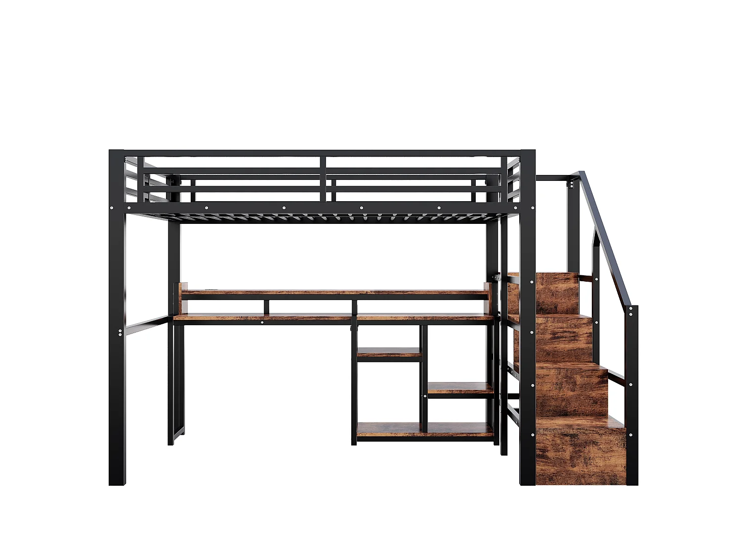 Lit mezzanine 140 x 200 cm  - Avec compartiments de rangement - Avec ports USB + Type-C - Avec bande lumineuse LED - Noir (matelas non inclus)