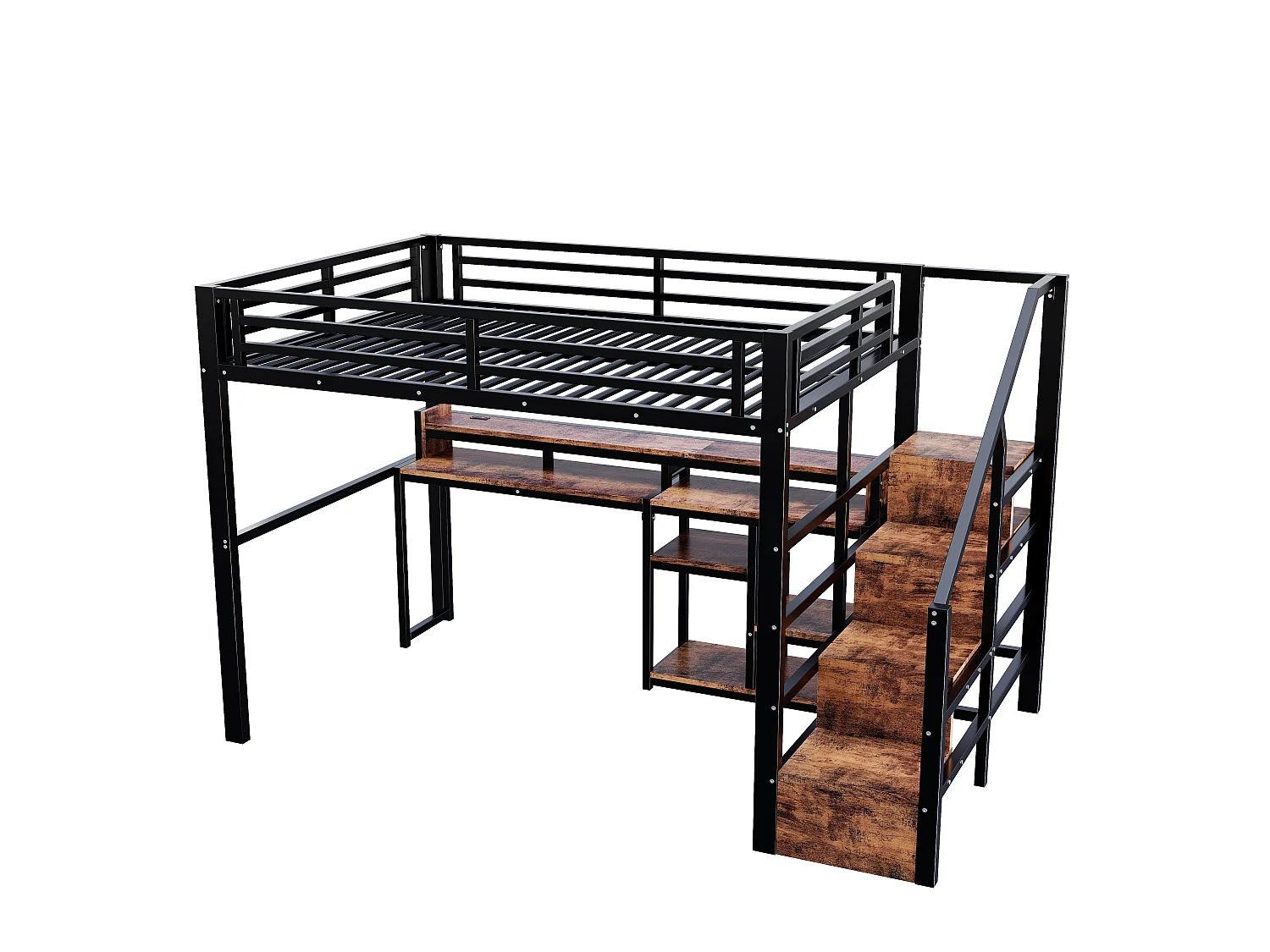 Lit mezzanine 140 x 200 cm  - Avec compartiments de rangement - Avec ports USB + Type-C - Avec bande lumineuse LED - Noir (matelas non inclus)