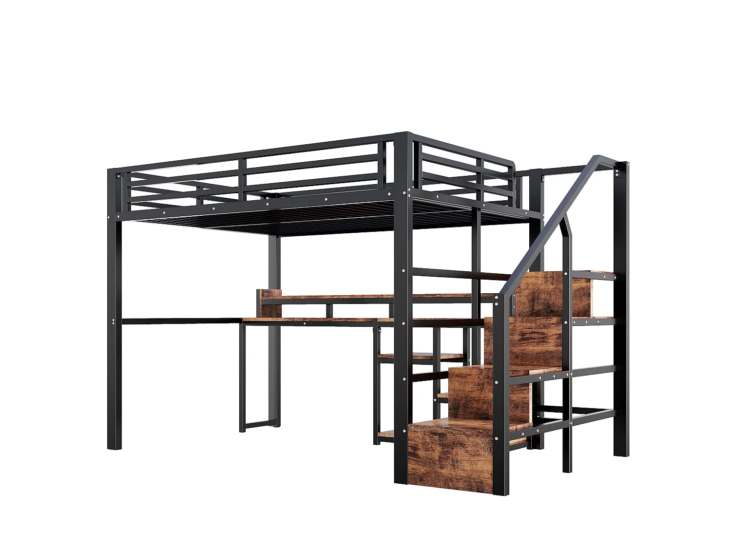 Lit mezzanine 140 x 200 cm  - Avec compartiments de rangement - Avec ports USB + Type-C - Avec bande lumineuse LED - Noir (matelas non inclus)