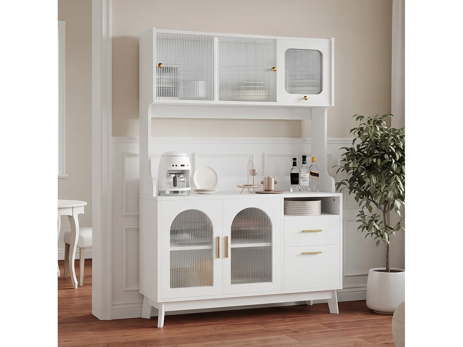 Buffet/Hoge kast 120x40x178 cm - 6 deuren en 1 lade - Opbergruimte met meerdere niveaus - Stopcontact en USB-poort - Wit