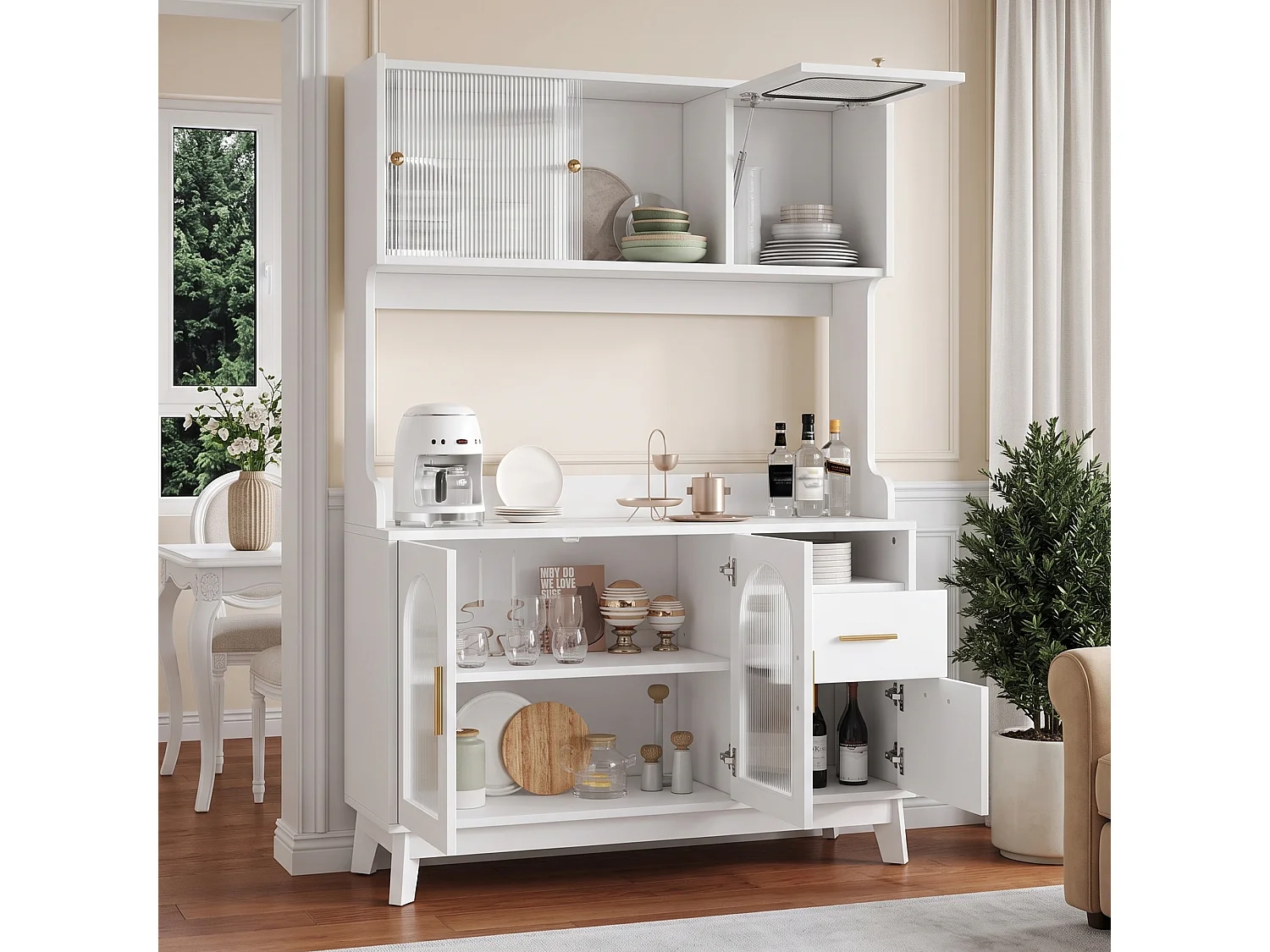 Buffet/Hoge kast 120x40x178 cm - 6 deuren en 1 lade - Opbergruimte met meerdere niveaus - Stopcontact en USB-poort - Wit