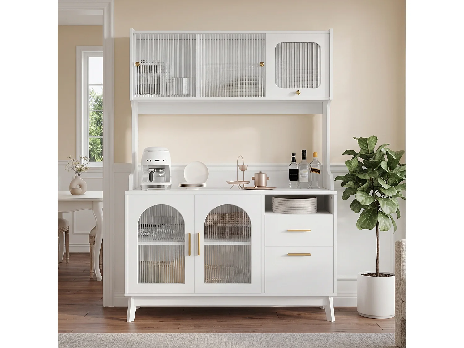 Buffet/Hoge kast 120x40x178 cm - 6 deuren en 1 lade - Opbergruimte met meerdere niveaus - Stopcontact en USB-poort - Wit