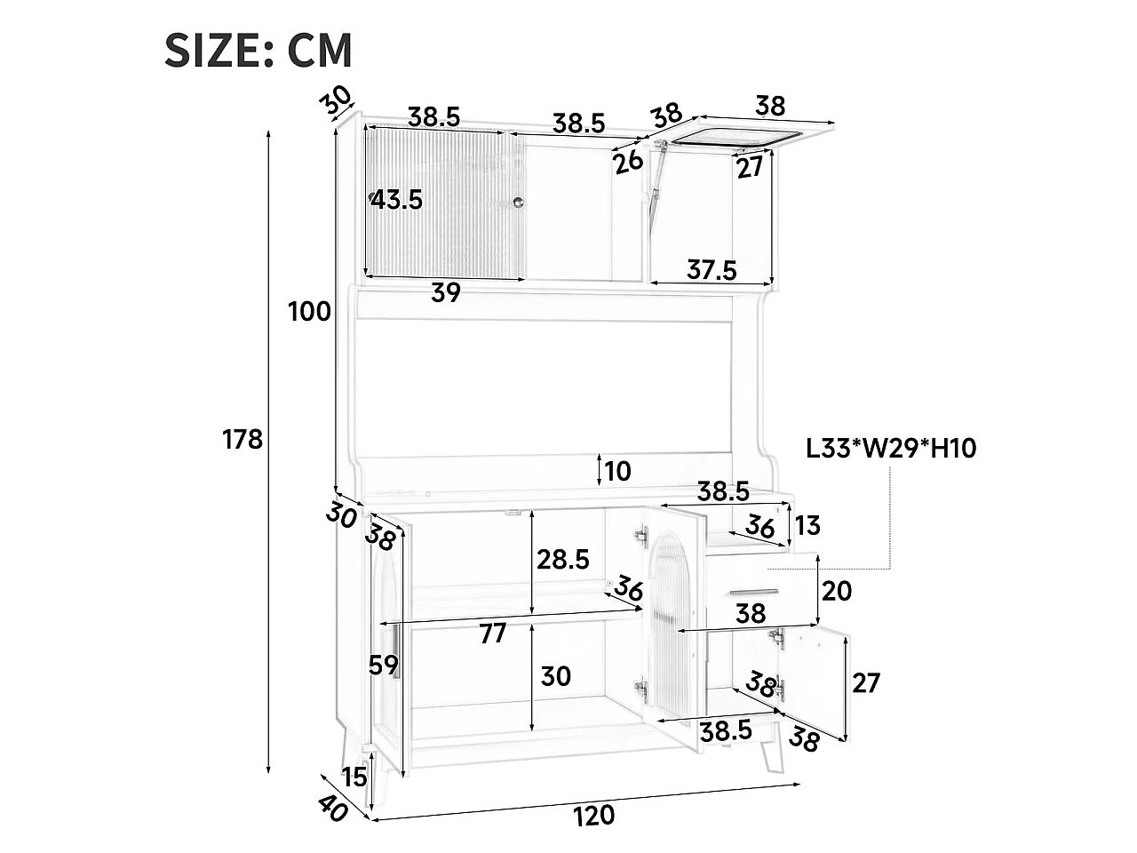 Buffet/Hoge kast 120x40x178 cm - 6 deuren en 1 lade - Opbergruimte met meerdere niveaus - Stopcontact en USB-poort - Wit