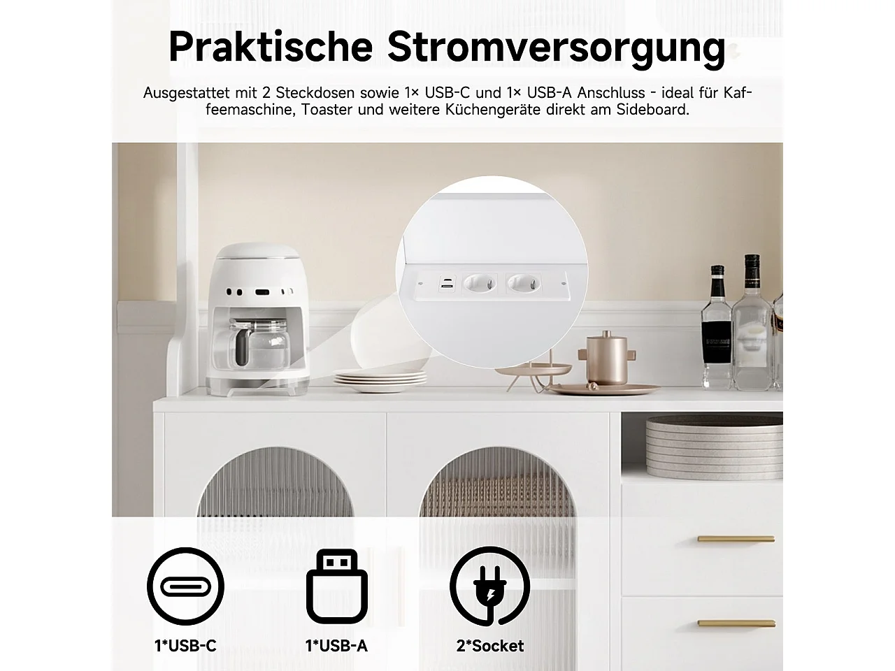 Buffet/Hoge kast 120x40x178 cm - 6 deuren en 1 lade - Opbergruimte met meerdere niveaus - Stopcontact en USB-poort - Wit