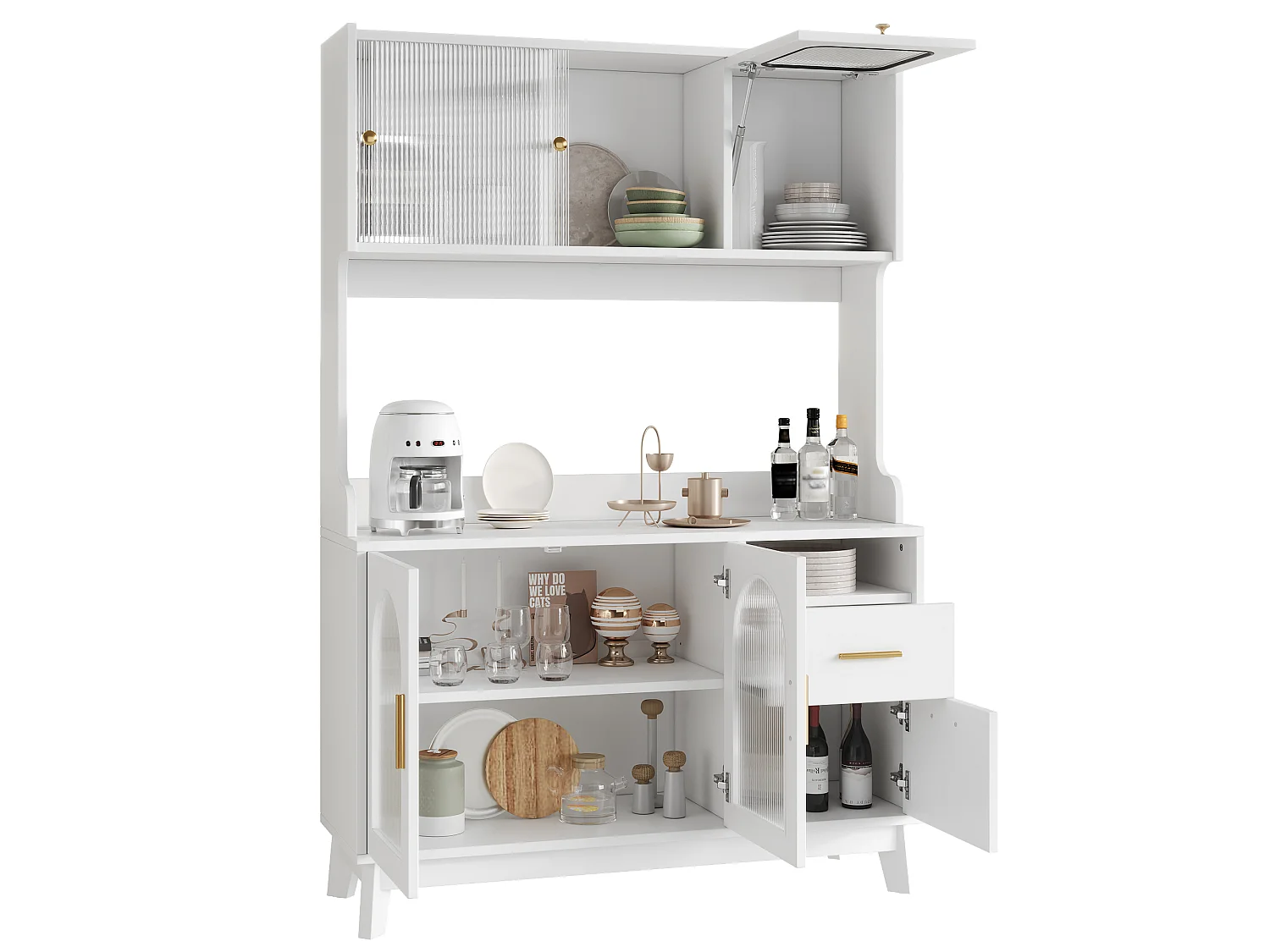 Buffet/Hoge kast 120x40x178 cm - 6 deuren en 1 lade - Opbergruimte met meerdere niveaus - Stopcontact en USB-poort - Wit