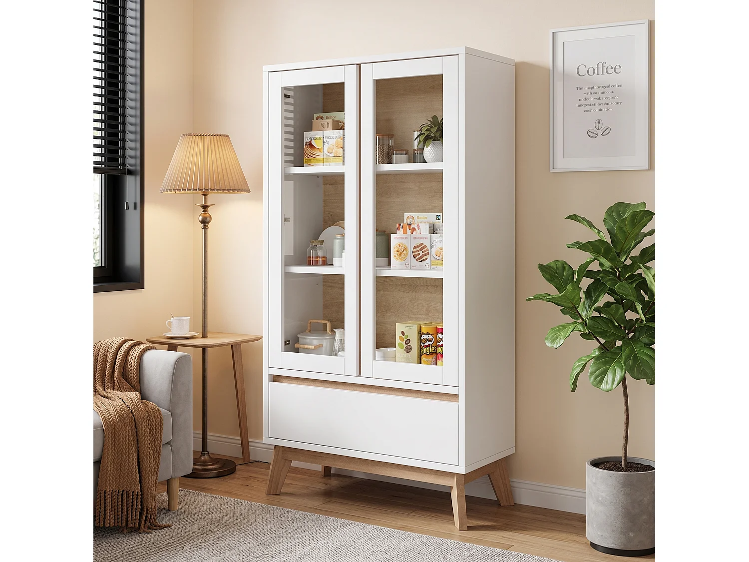 Buffet/Keukenmeubel 80 x 40 x 150 cm - Met 2 deuren en 1 lade - Verstelbare planken - Wit en naturel
