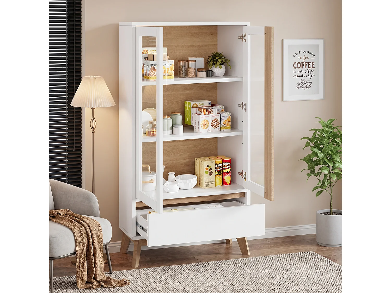 Buffet/Keukenmeubel 80 x 40 x 150 cm - Met 2 deuren en 1 lade - Verstelbare planken - Wit en naturel
