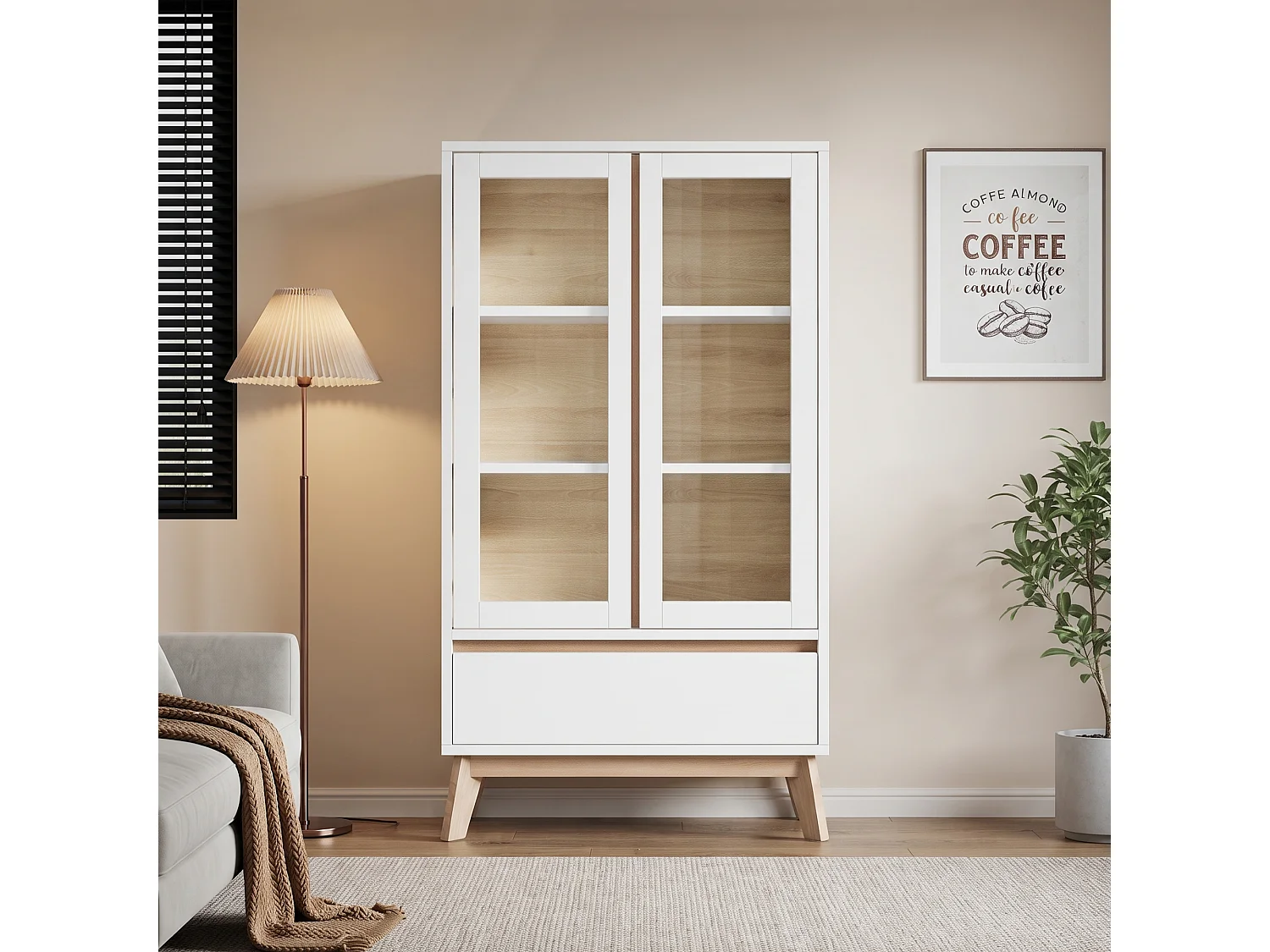 Buffet/Keukenmeubel 80 x 40 x 150 cm - Met 2 deuren en 1 lade - Verstelbare planken - Wit en naturel