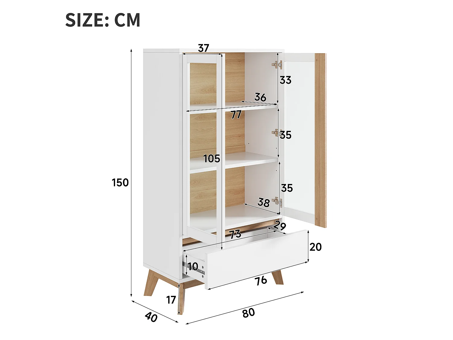 Buffet/Keukenmeubel 80 x 40 x 150 cm - Met 2 deuren en 1 lade - Verstelbare planken - Wit en naturel