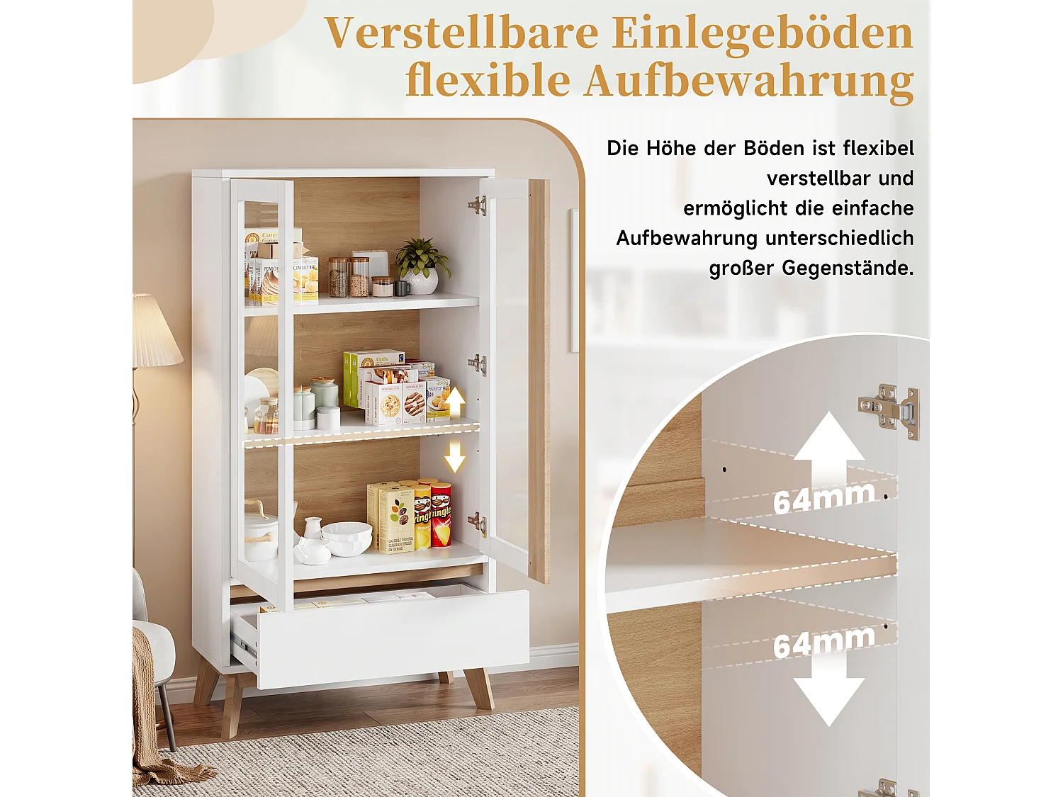 Buffet/Keukenmeubel 80 x 40 x 150 cm - Met 2 deuren en 1 lade - Verstelbare planken - Wit en naturel