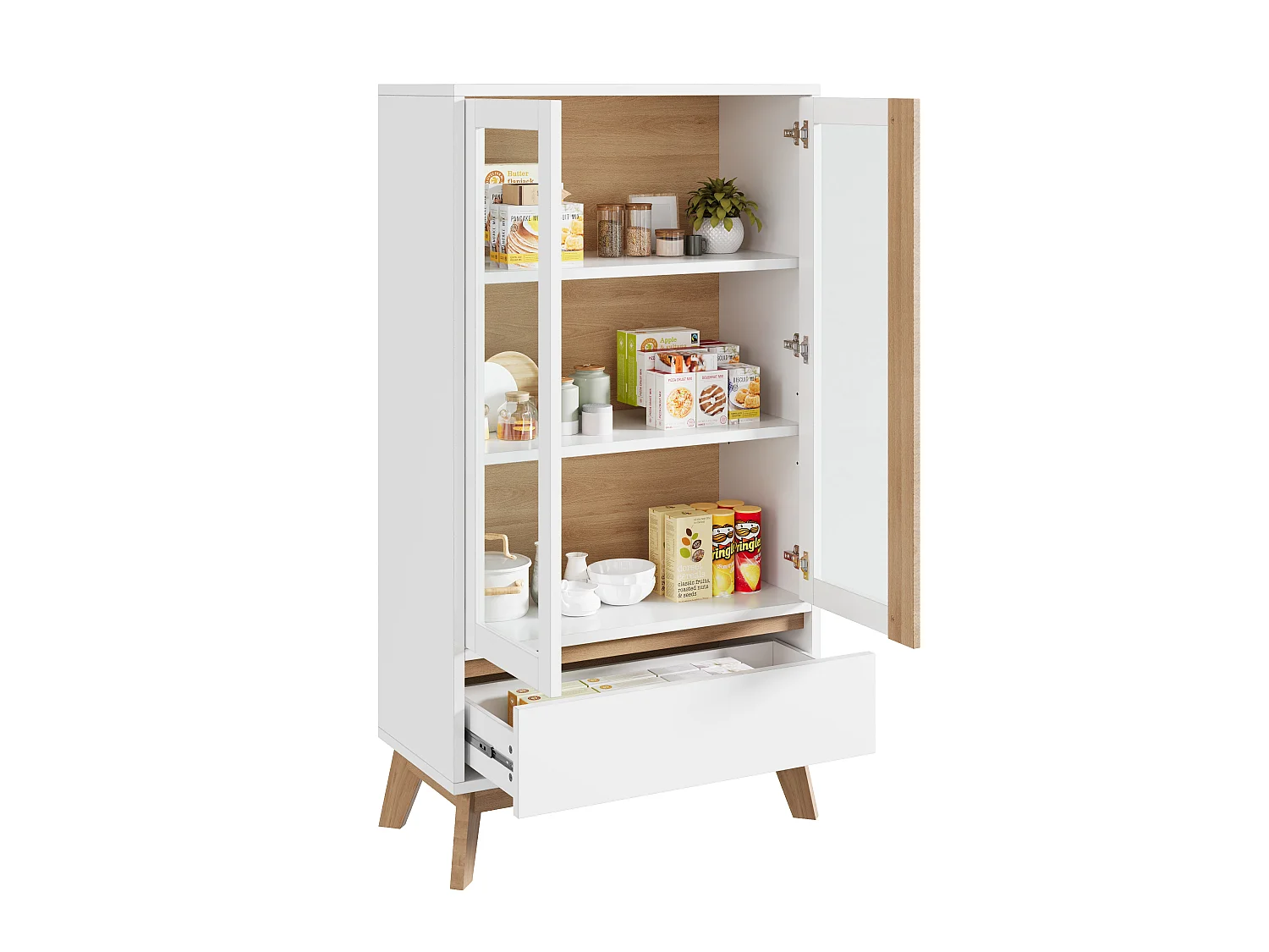 Buffet/Keukenmeubel 80 x 40 x 150 cm - Met 2 deuren en 1 lade - Verstelbare planken - Wit en naturel