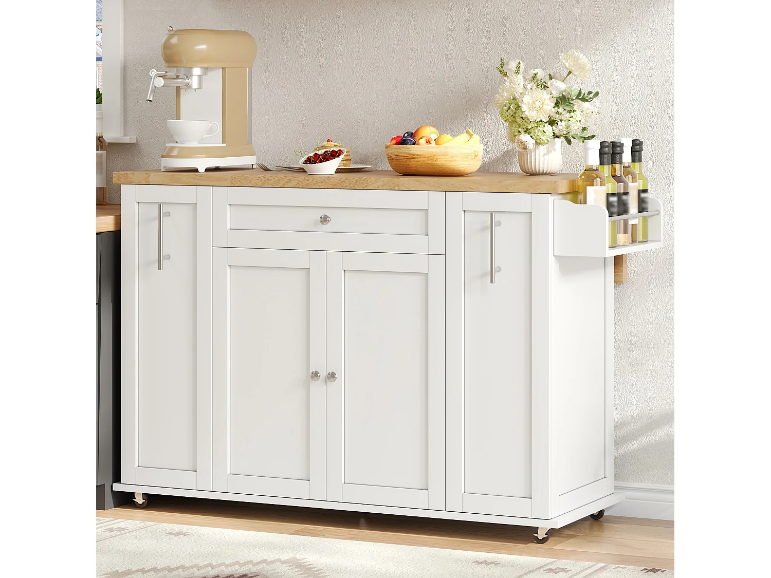 Îlot central de cuisine - table à manger pliable - avec 2 portes et 3 tiroirs - avec roulettes verrouillables - Blanc