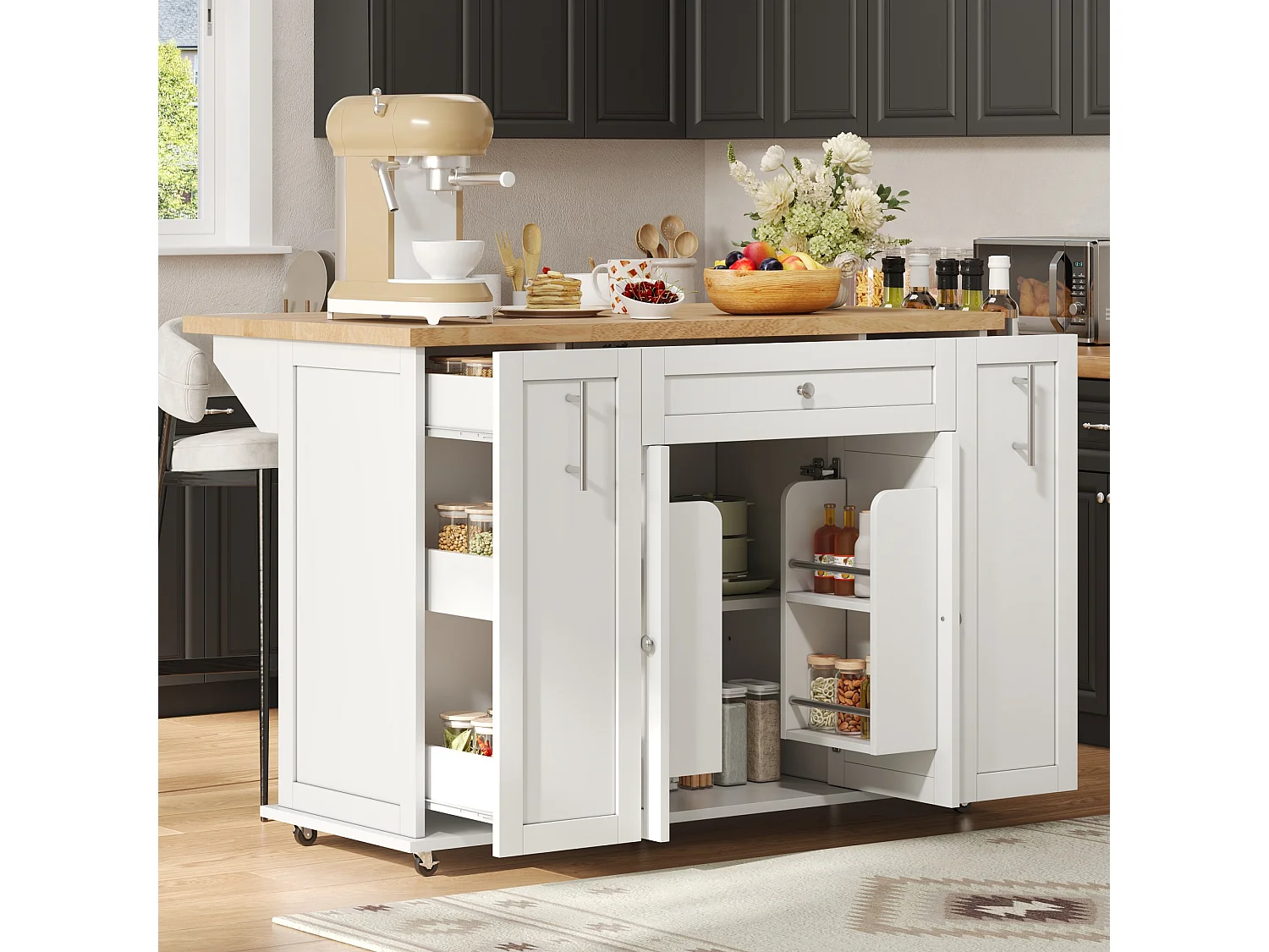 Îlot central de cuisine - table à manger pliable - avec 2 portes et 3 tiroirs - avec roulettes verrouillables - Blanc