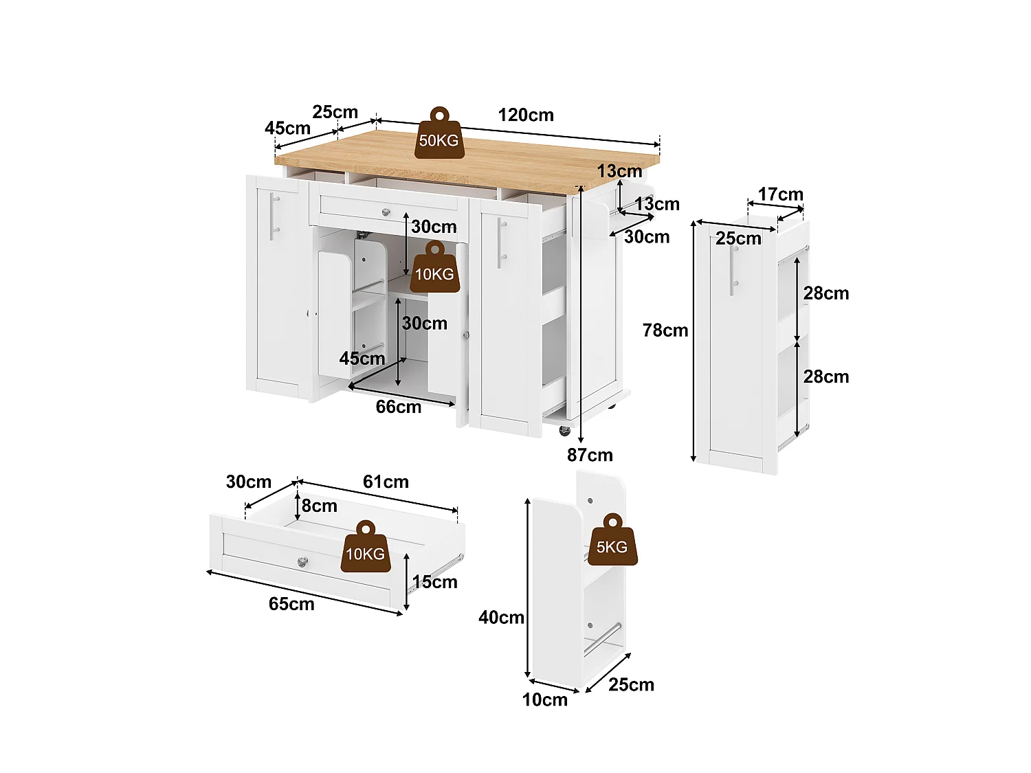 Îlot central de cuisine - table à manger pliable - avec 2 portes et 3 tiroirs - avec roulettes verrouillables - Blanc