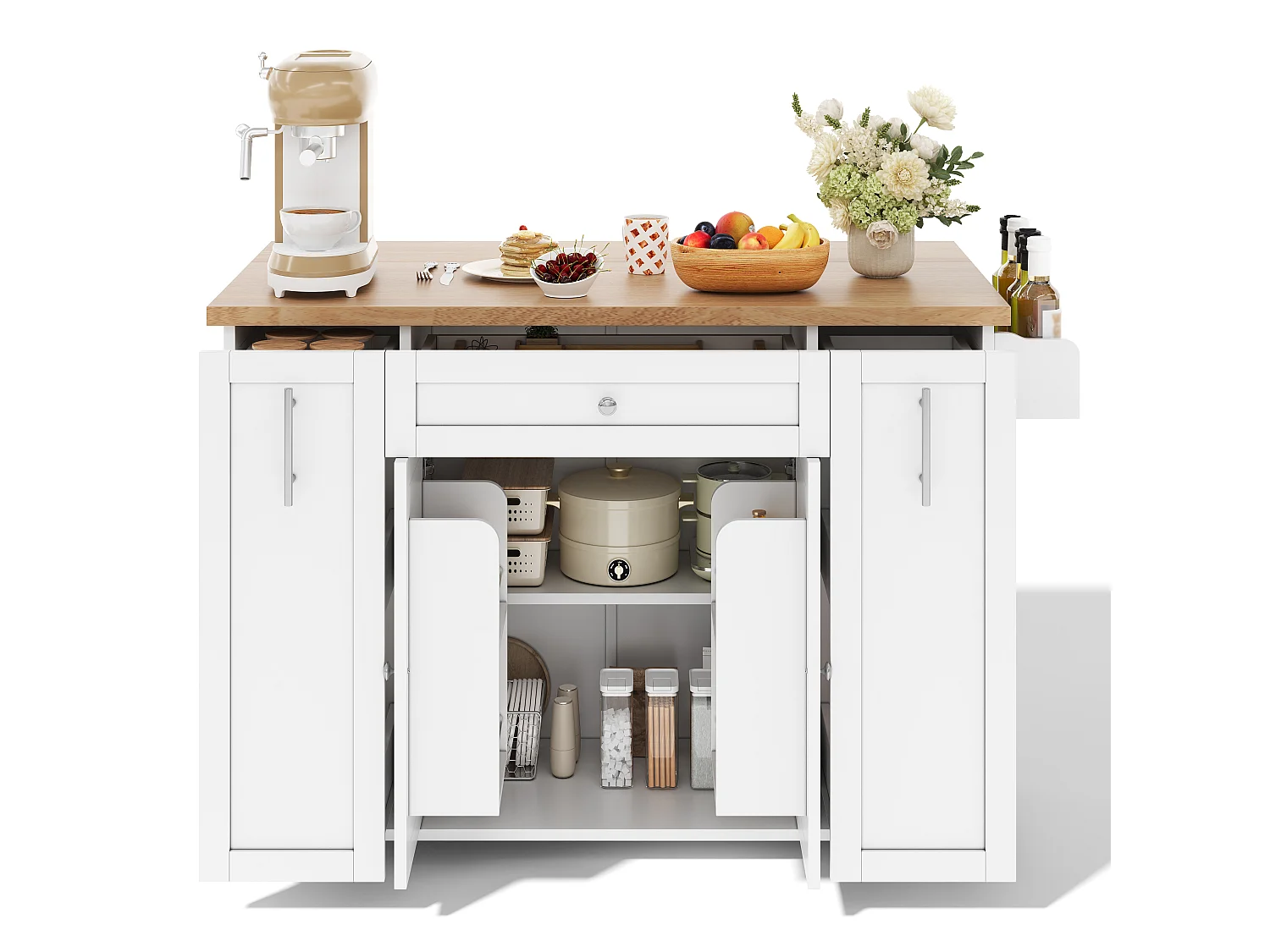 Îlot central de cuisine - table à manger pliable - avec 2 portes et 3 tiroirs - avec roulettes verrouillables - Blanc
