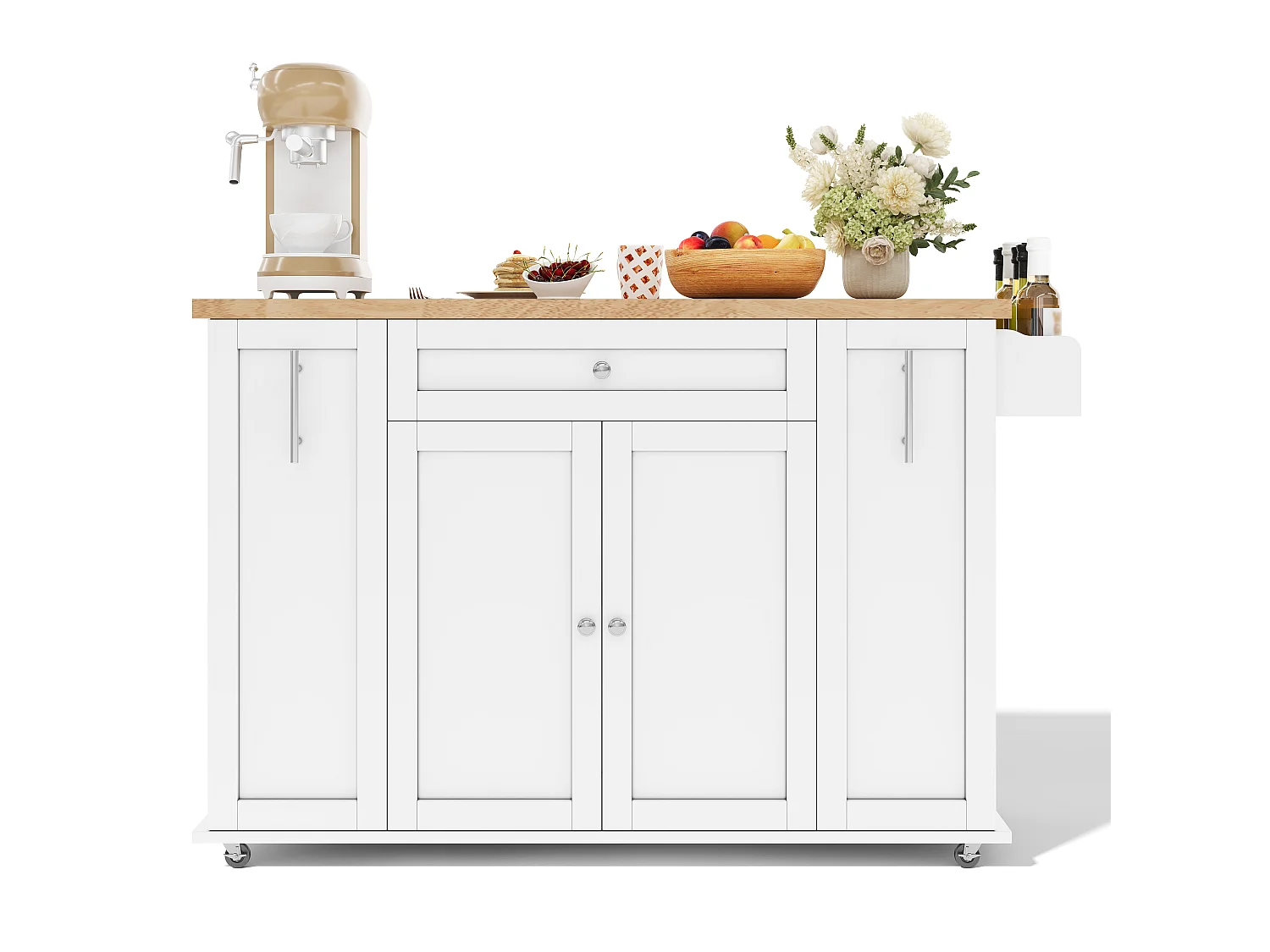 Îlot central de cuisine - table à manger pliable - avec 2 portes et 3 tiroirs - avec roulettes verrouillables - Blanc