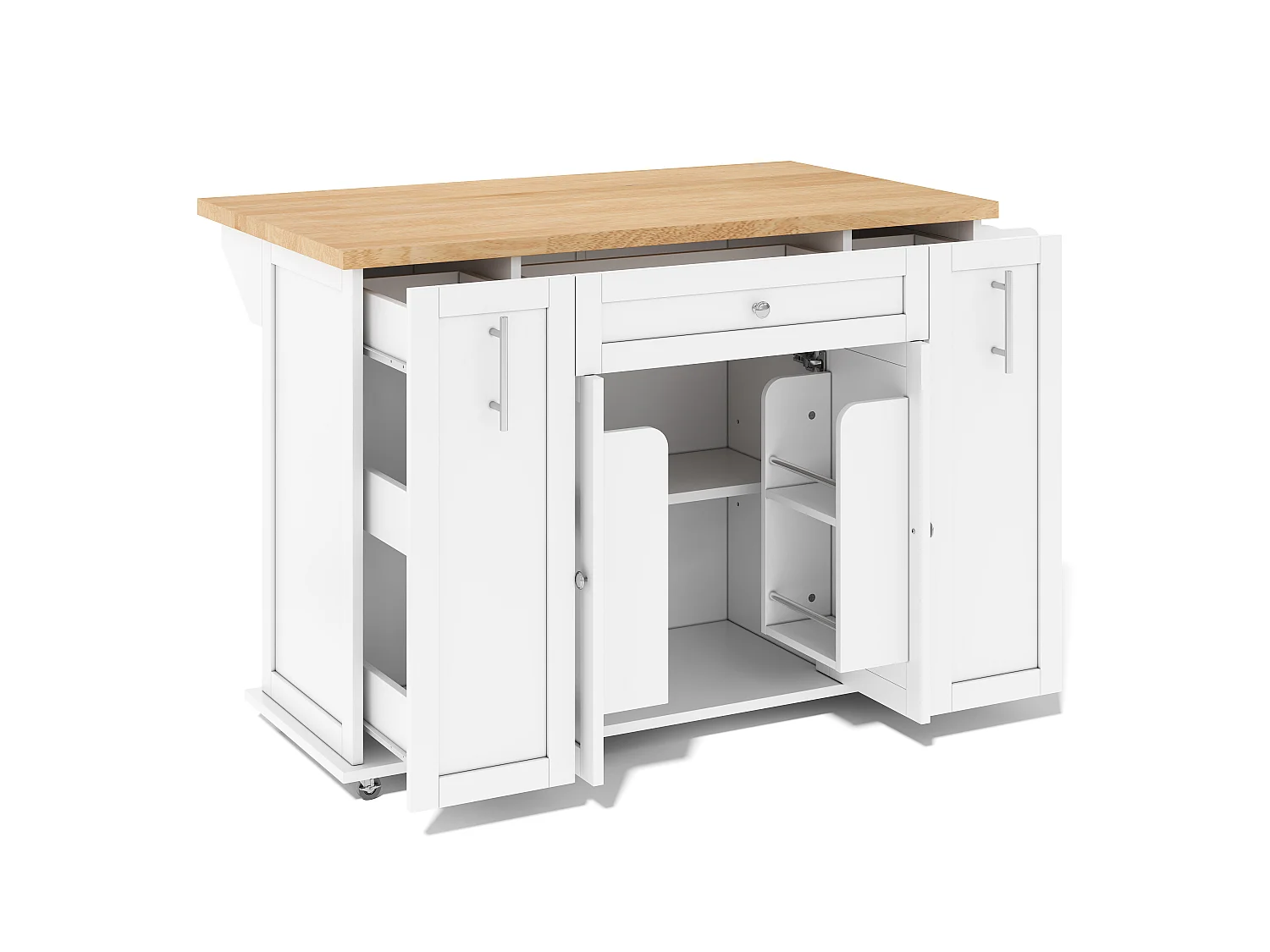 Îlot central de cuisine - table à manger pliable - avec 2 portes et 3 tiroirs - avec roulettes verrouillables - Blanc