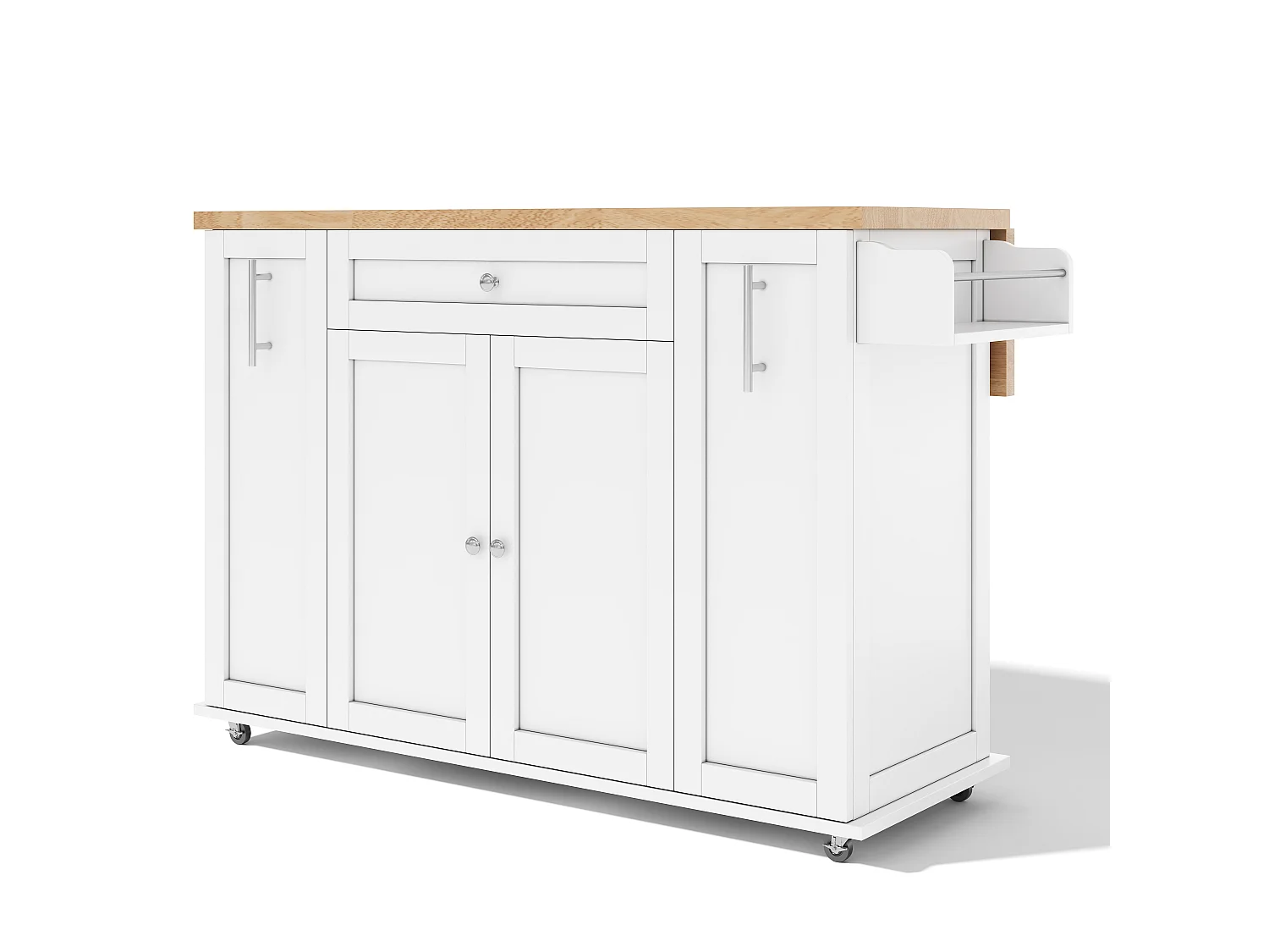 Îlot central de cuisine - table à manger pliable - avec 2 portes et 3 tiroirs - avec roulettes verrouillables - Blanc