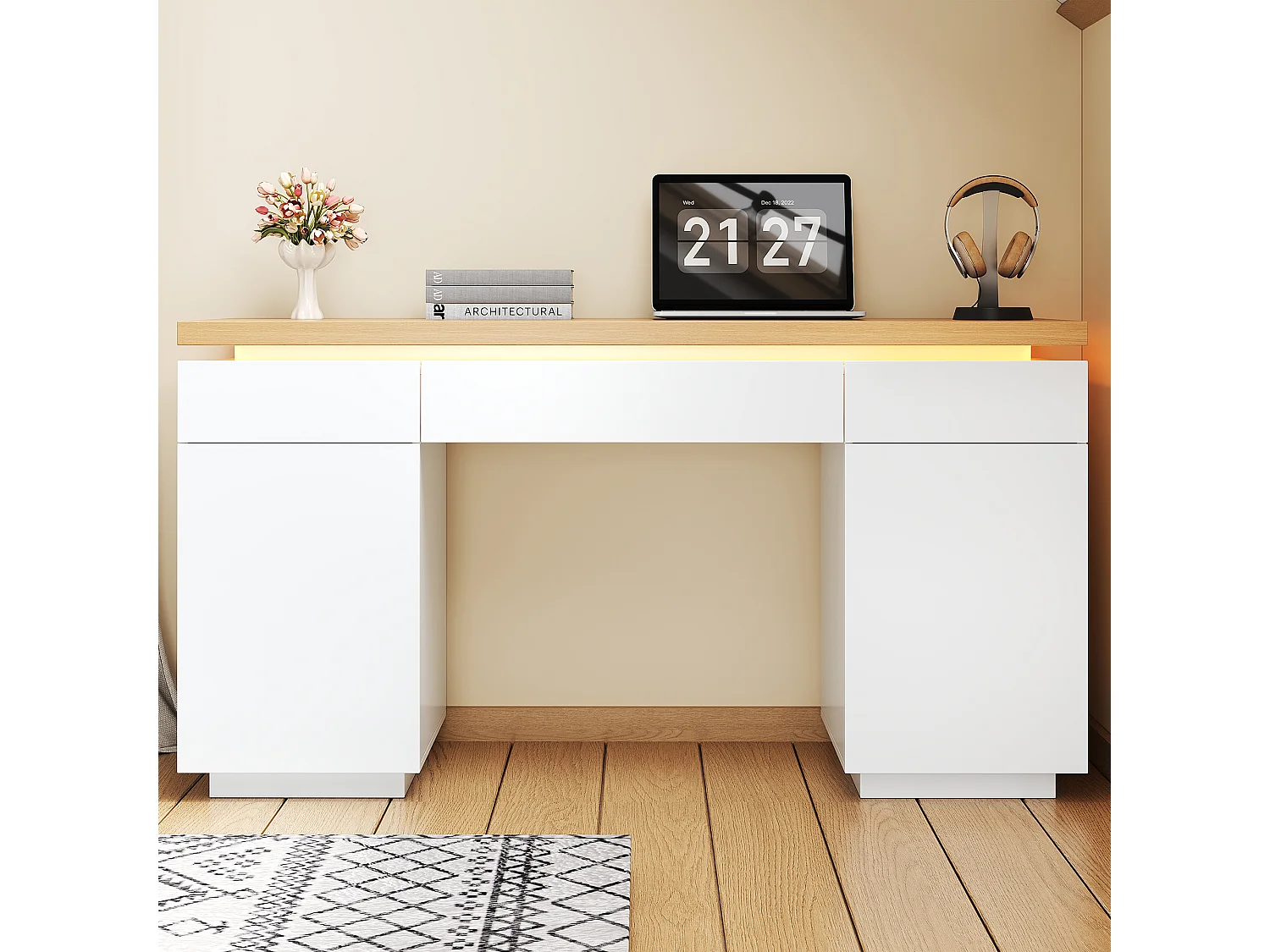 Bureau 140x50x78 cm - Plateau épais - Éclairage LED - Avec 3 tiroirs, 2 portes et étagères réglables - MDF - Blanc