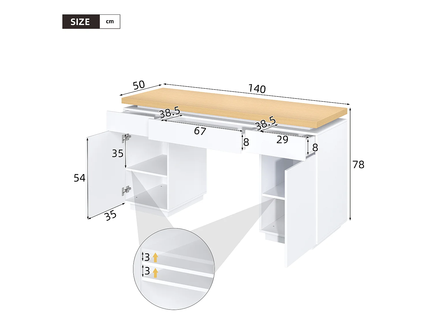 Bureau 140x50x78 cm - Plateau épais - Éclairage LED - Avec 3 tiroirs, 2 portes et étagères réglables - MDF - Blanc