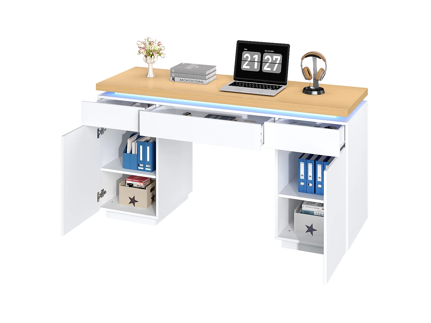 Bureau 140x50x78 cm - Plateau épais - Éclairage LED - Avec 3 tiroirs, 2 portes et étagères réglables - MDF - Blanc