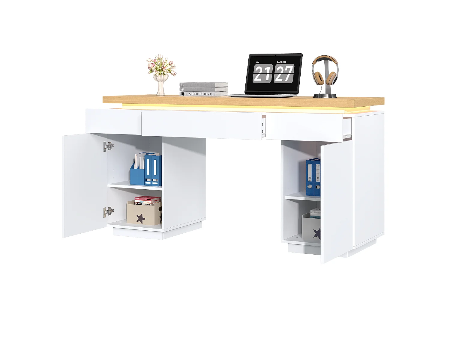 Bureau 140x50x78 cm - Plateau épais - Éclairage LED - Avec 3 tiroirs, 2 portes et étagères réglables - MDF - Blanc