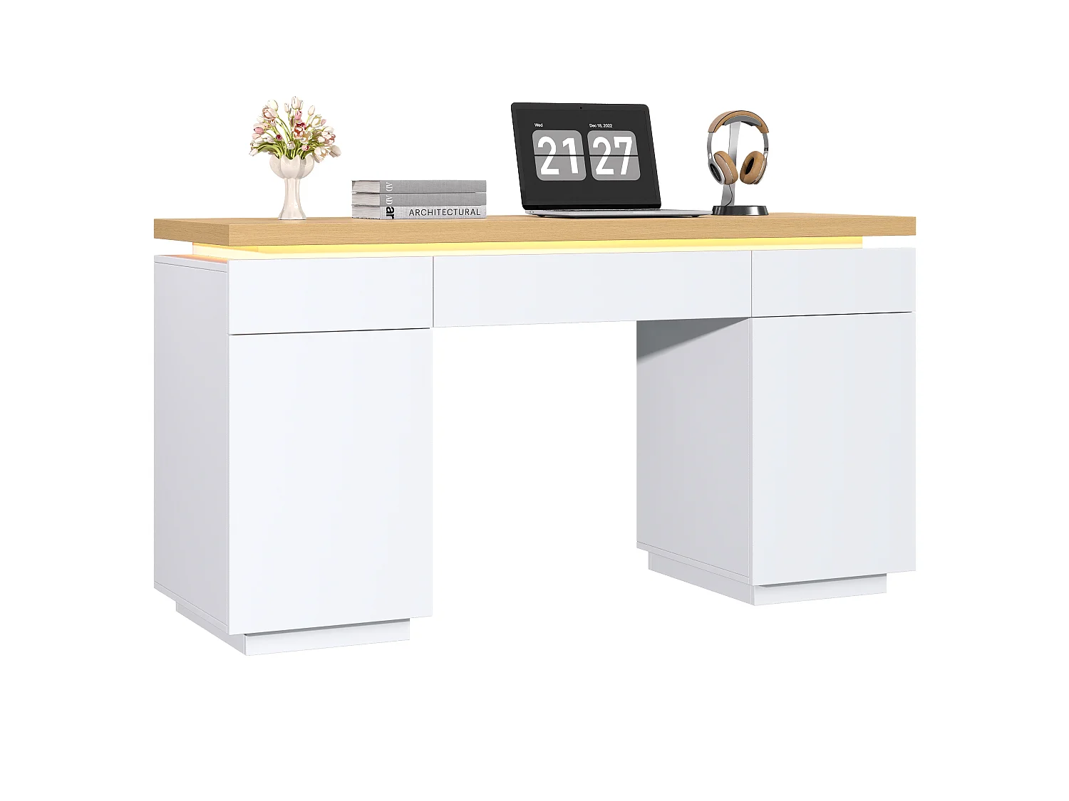 Bureau 140x50x78 cm - Plateau épais - Éclairage LED - Avec 3 tiroirs, 2 portes et étagères réglables - MDF - Blanc