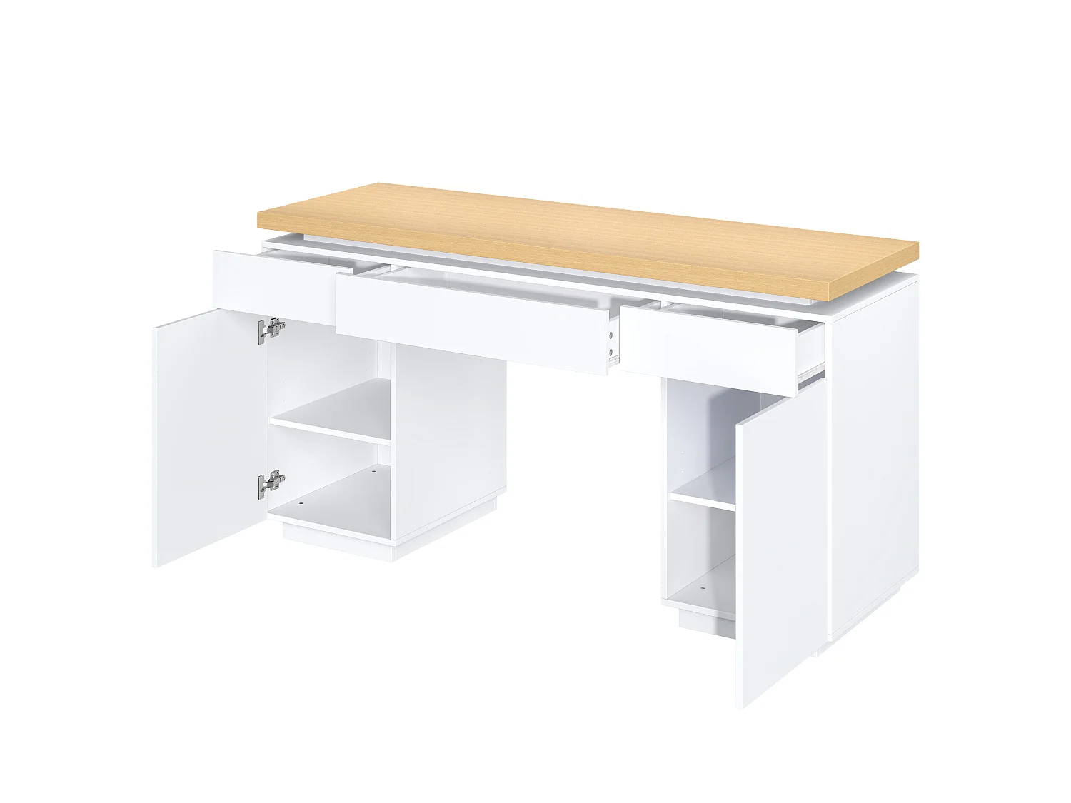 Bureau 140x50x78 cm - Plateau épais - Éclairage LED - Avec 3 tiroirs, 2 portes et étagères réglables - MDF - Blanc