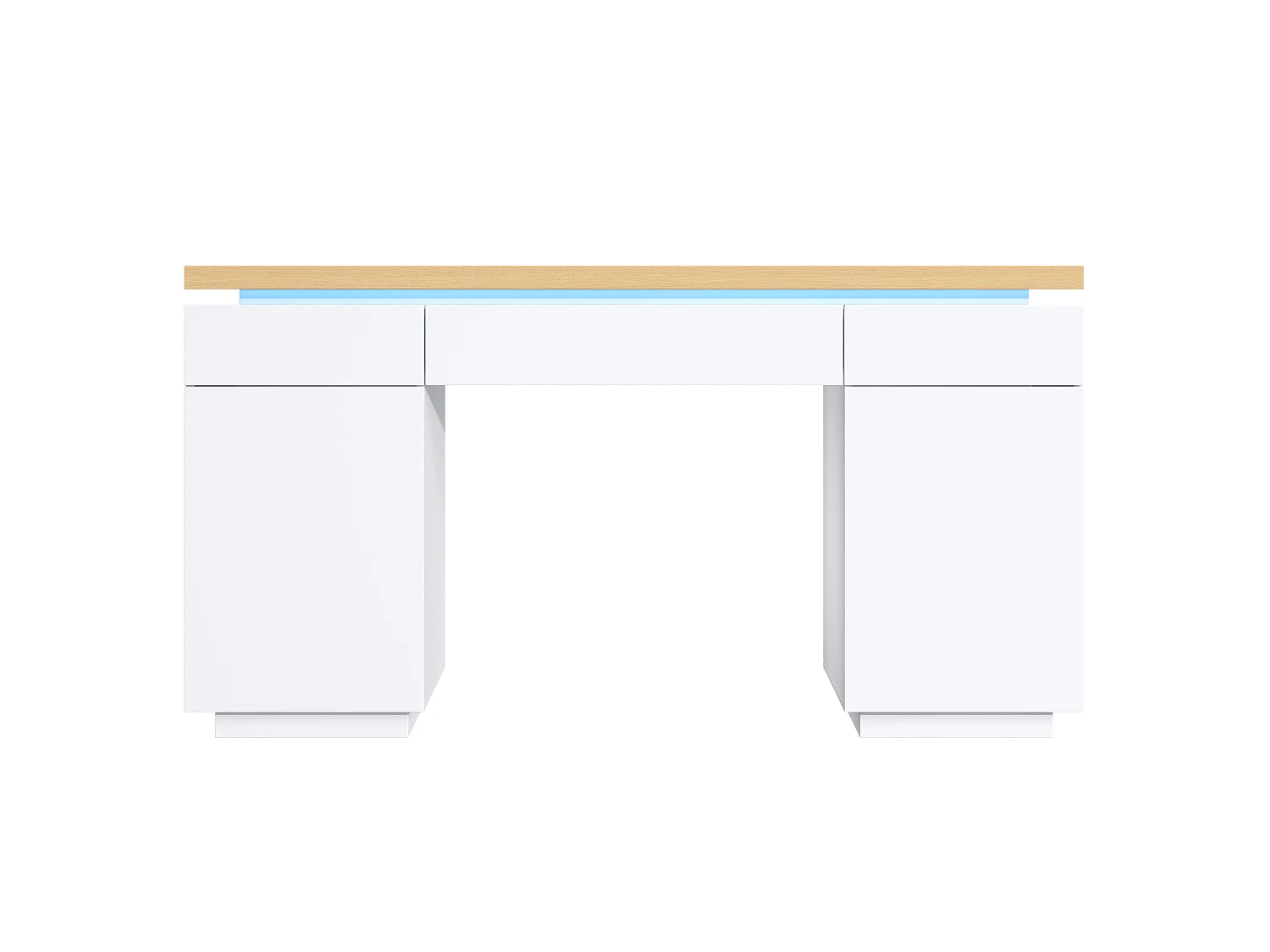 Bureau 140x50x78 cm - Plateau épais - Éclairage LED - Avec 3 tiroirs, 2 portes et étagères réglables - MDF - Blanc