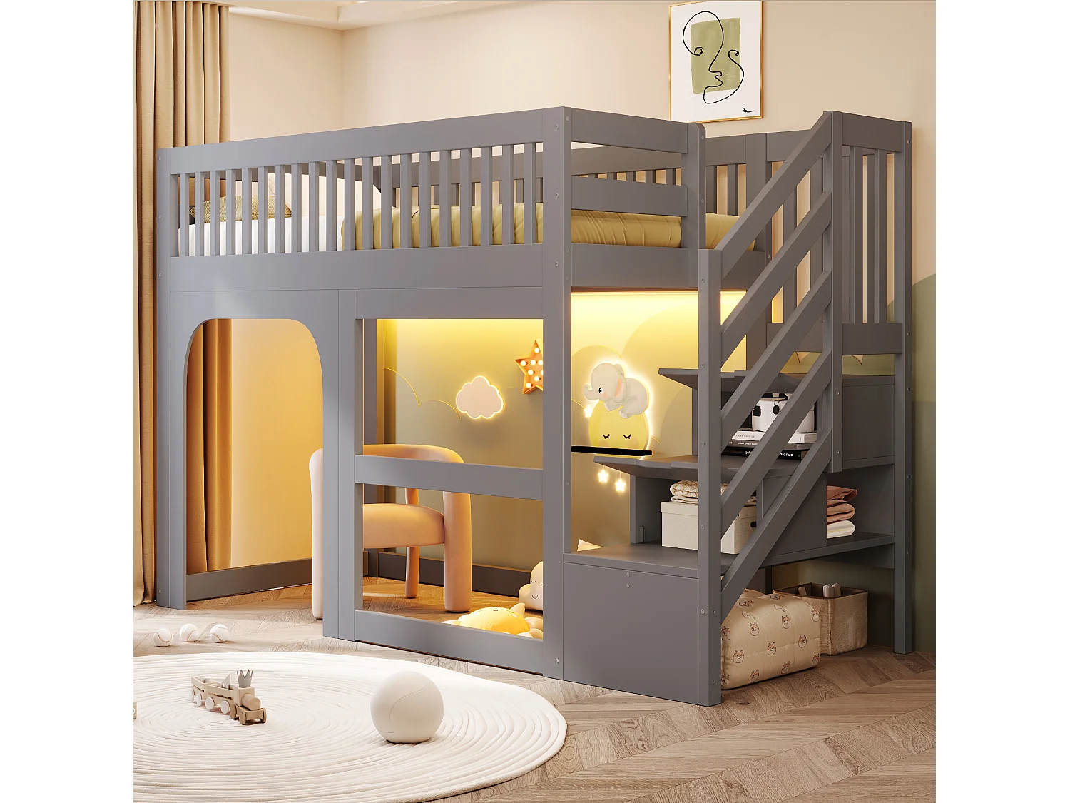 Kinder-Hochbett 90 x 200 cm - mit Leiter - mit LED-Beleuchtung - mit Sicherheitsbarrieren - weiß (Matratze nicht enthalten)