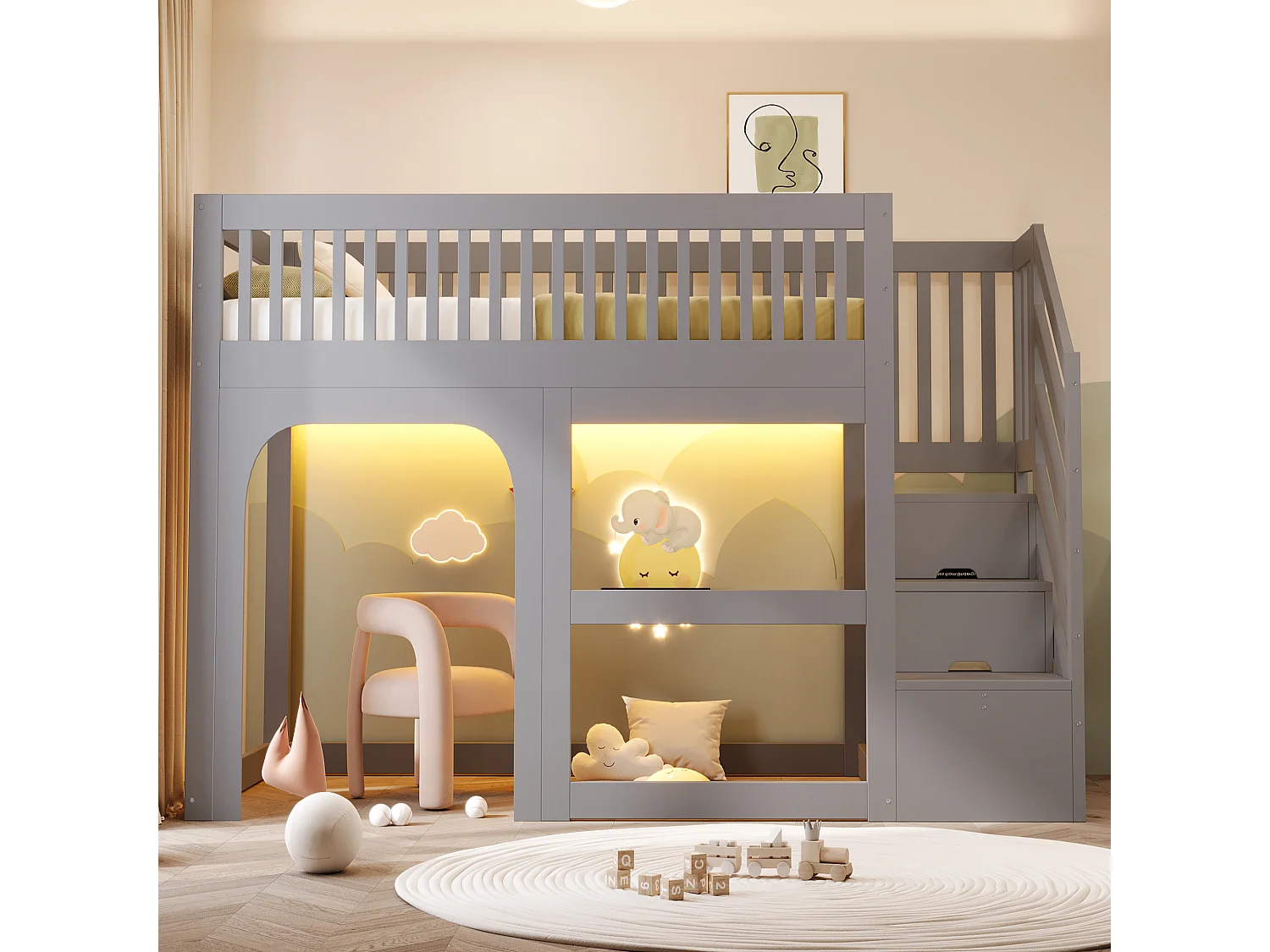 Kinder-Hochbett 90 x 200 cm - mit Leiter - mit LED-Beleuchtung - mit Sicherheitsbarrieren - weiß (Matratze nicht enthalten)
