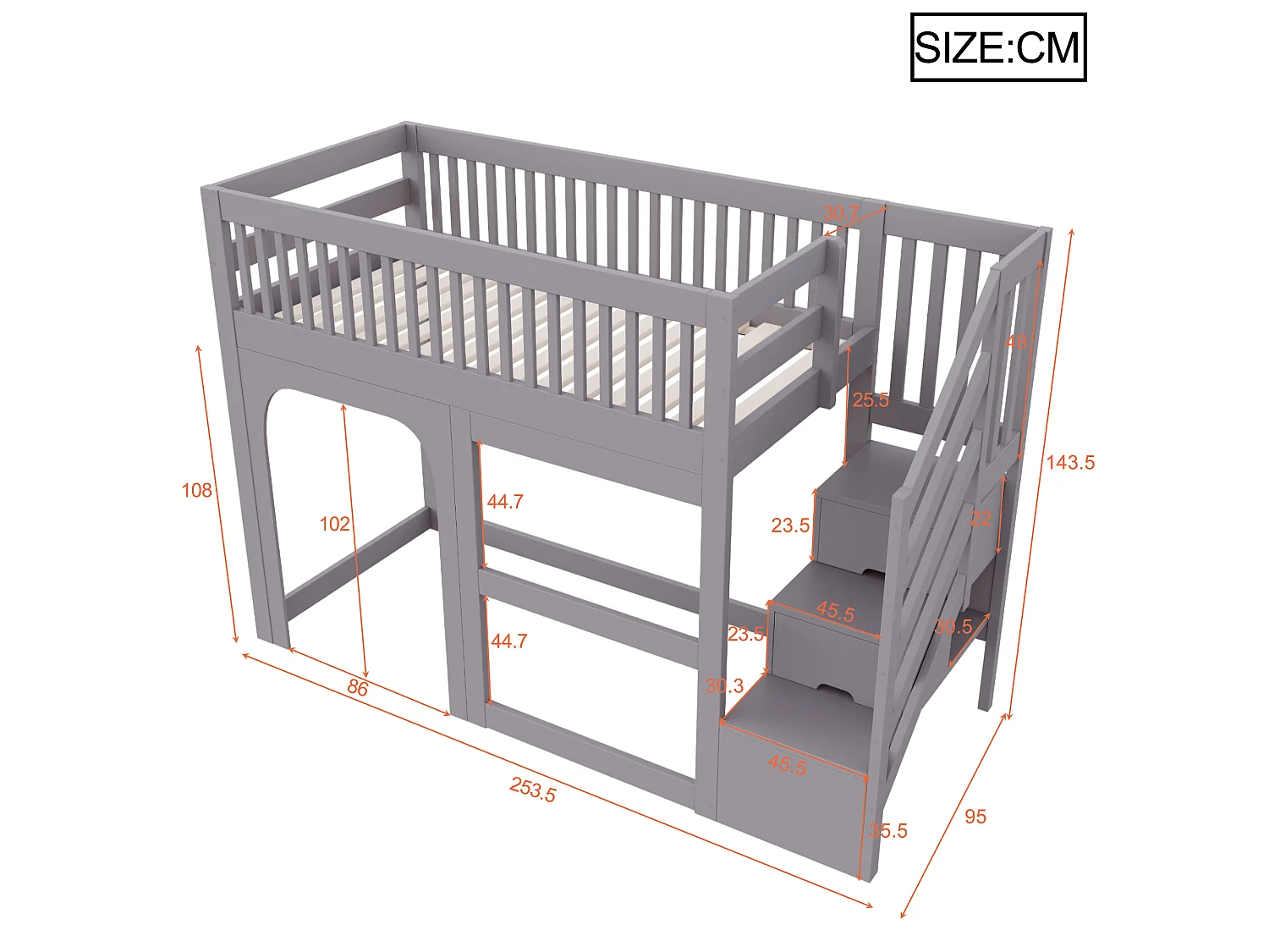Kinder-Hochbett 90 x 200 cm - mit Leiter - mit LED-Beleuchtung - mit Sicherheitsbarrieren - weiß (Matratze nicht enthalten)