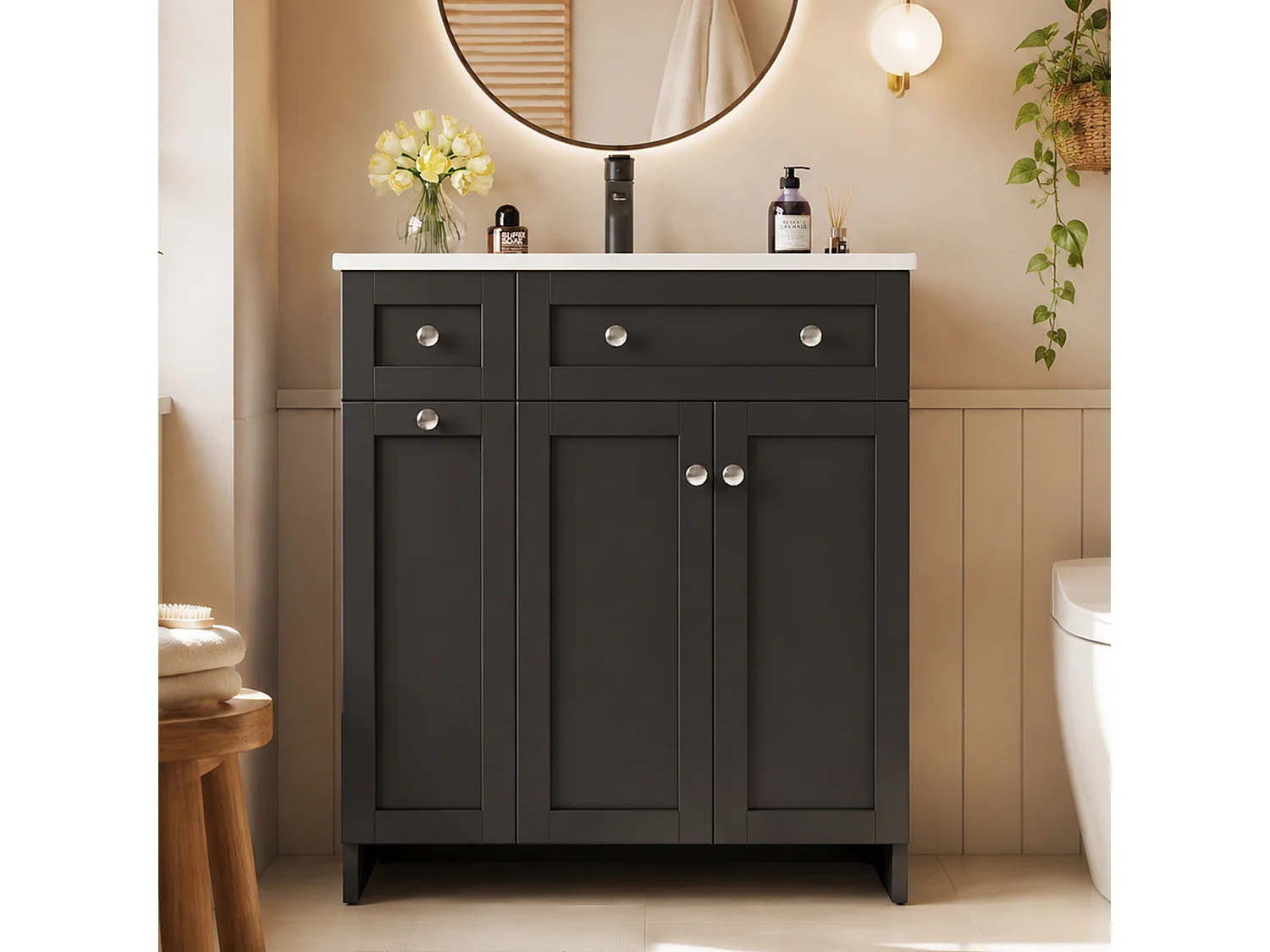 Meuble de salle de bain sous vasque avec lavabo en céramique, 3 tiroirs et 2 portes - MDF et céramique - 76 x 47 x 86 cm - Noir
