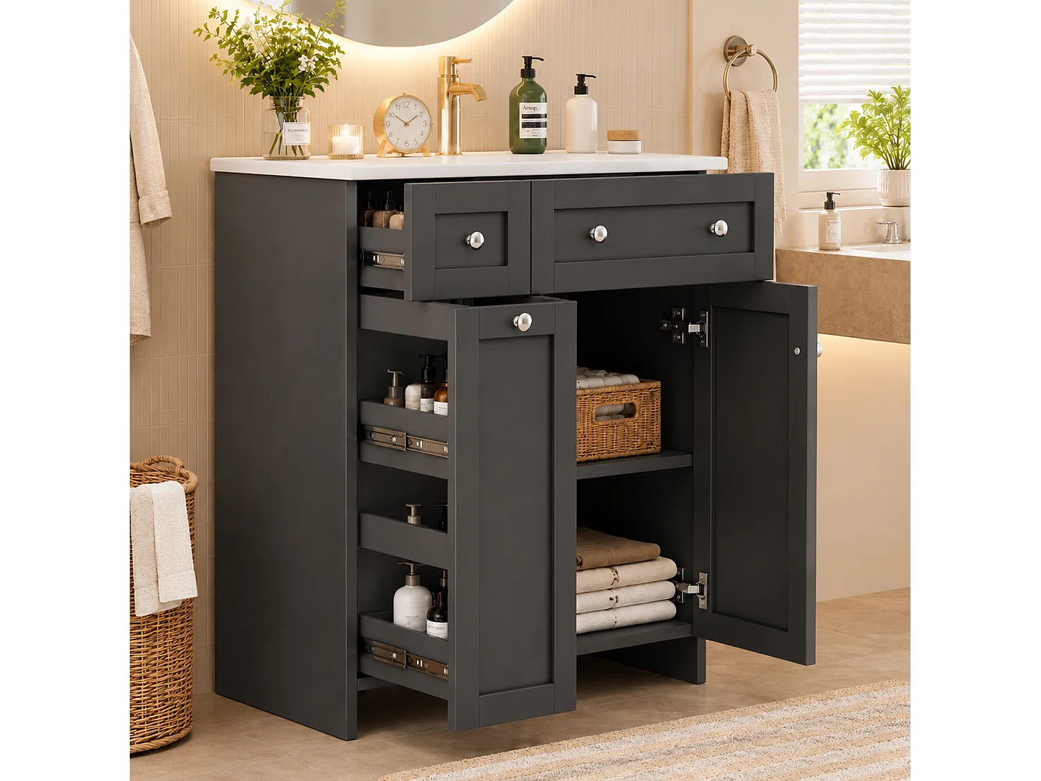 Meuble de salle de bain sous vasque avec lavabo en céramique, 3 tiroirs et 2 portes - MDF et céramique - 76 x 47 x 86 cm - Noir