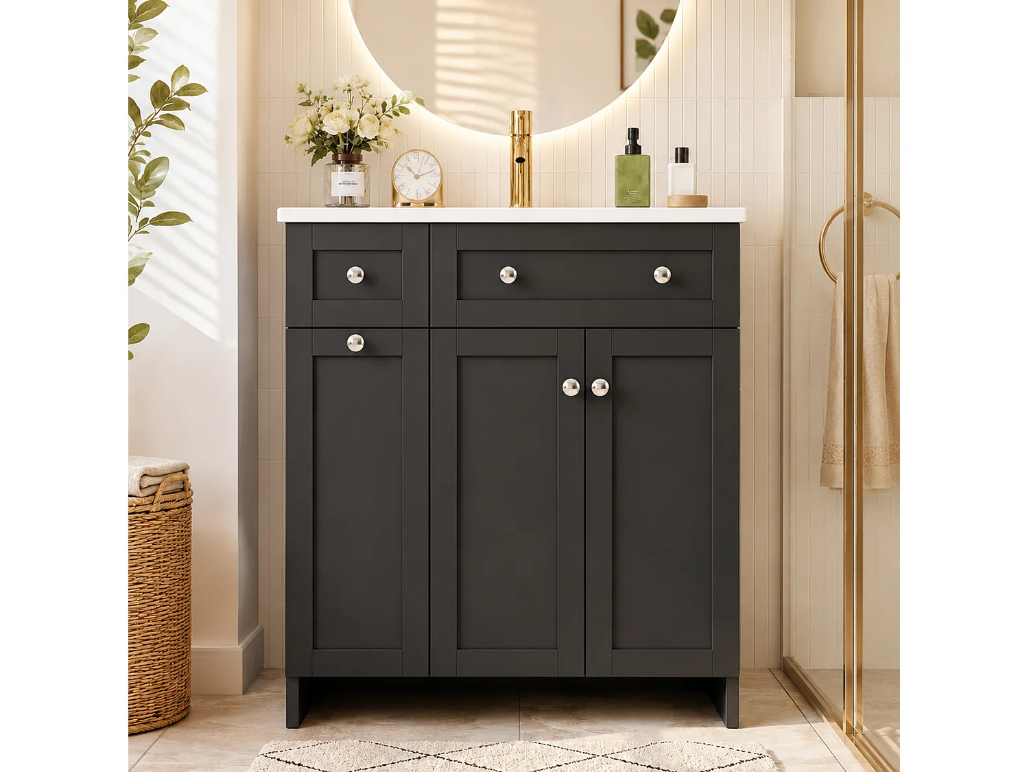 Meuble de salle de bain sous vasque avec lavabo en céramique, 3 tiroirs et 2 portes - MDF et céramique - 76 x 47 x 86 cm - Noir