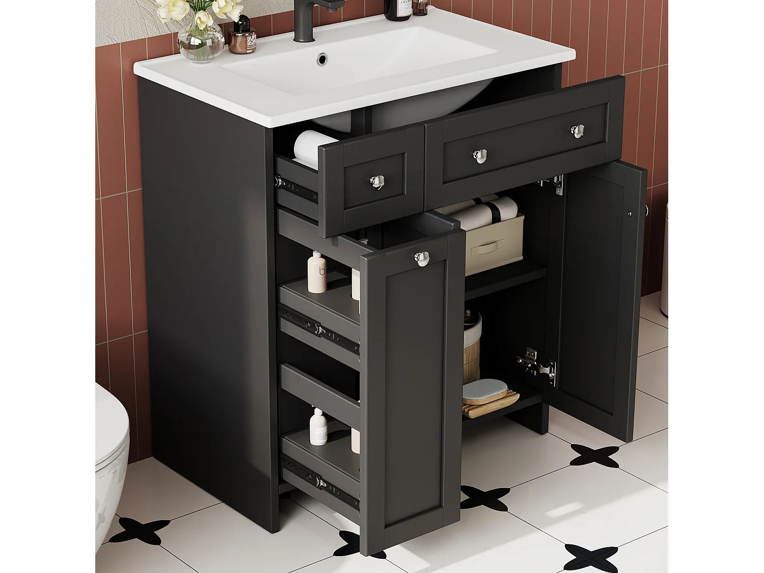 Meuble de salle de bain sous vasque avec lavabo en céramique, 3 tiroirs et 2 portes - MDF et céramique - 76 x 47 x 86 cm - Noir