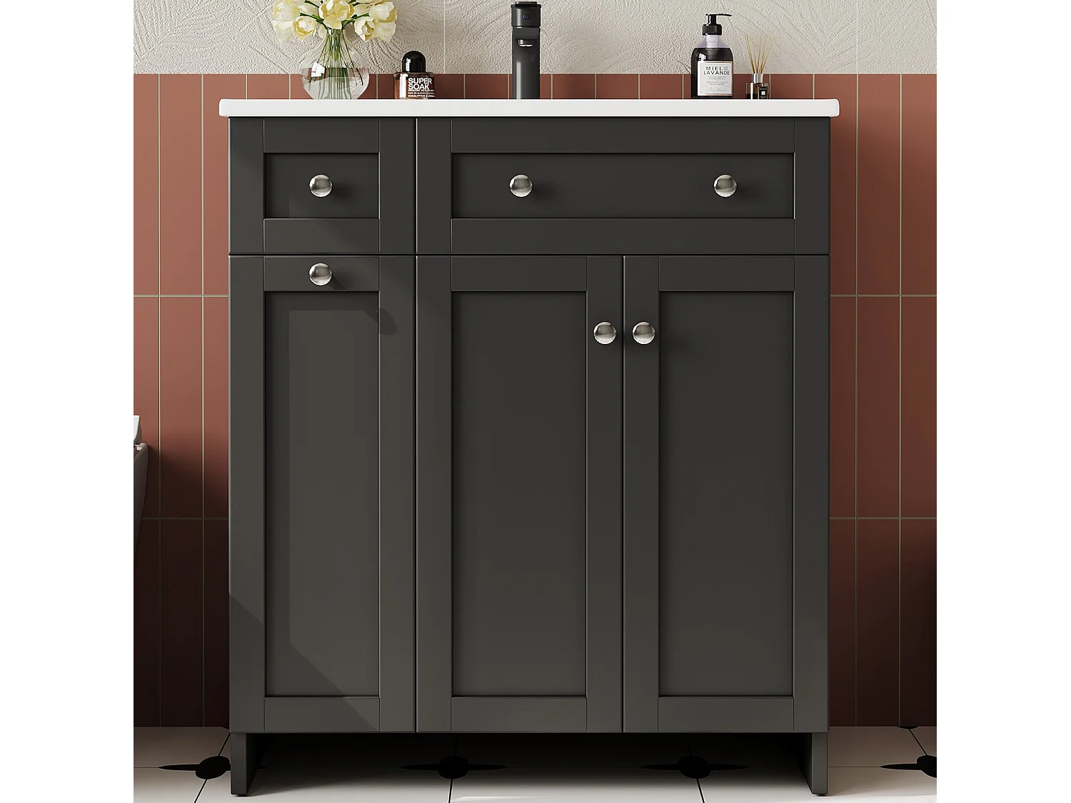 Meuble de salle de bain sous vasque avec lavabo en céramique, 3 tiroirs et 2 portes - MDF et céramique - 76 x 47 x 86 cm - Noir
