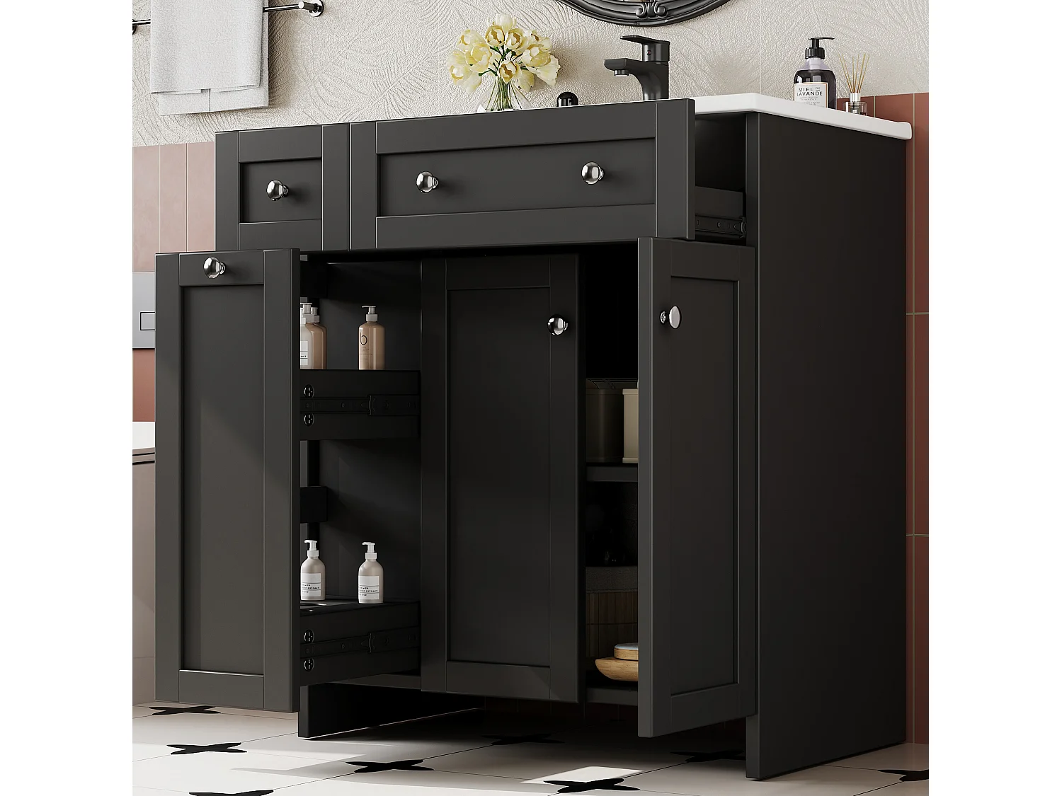 Meuble de salle de bain sous vasque avec lavabo en céramique, 3 tiroirs et 2 portes - MDF et céramique - 76 x 47 x 86 cm - Noir